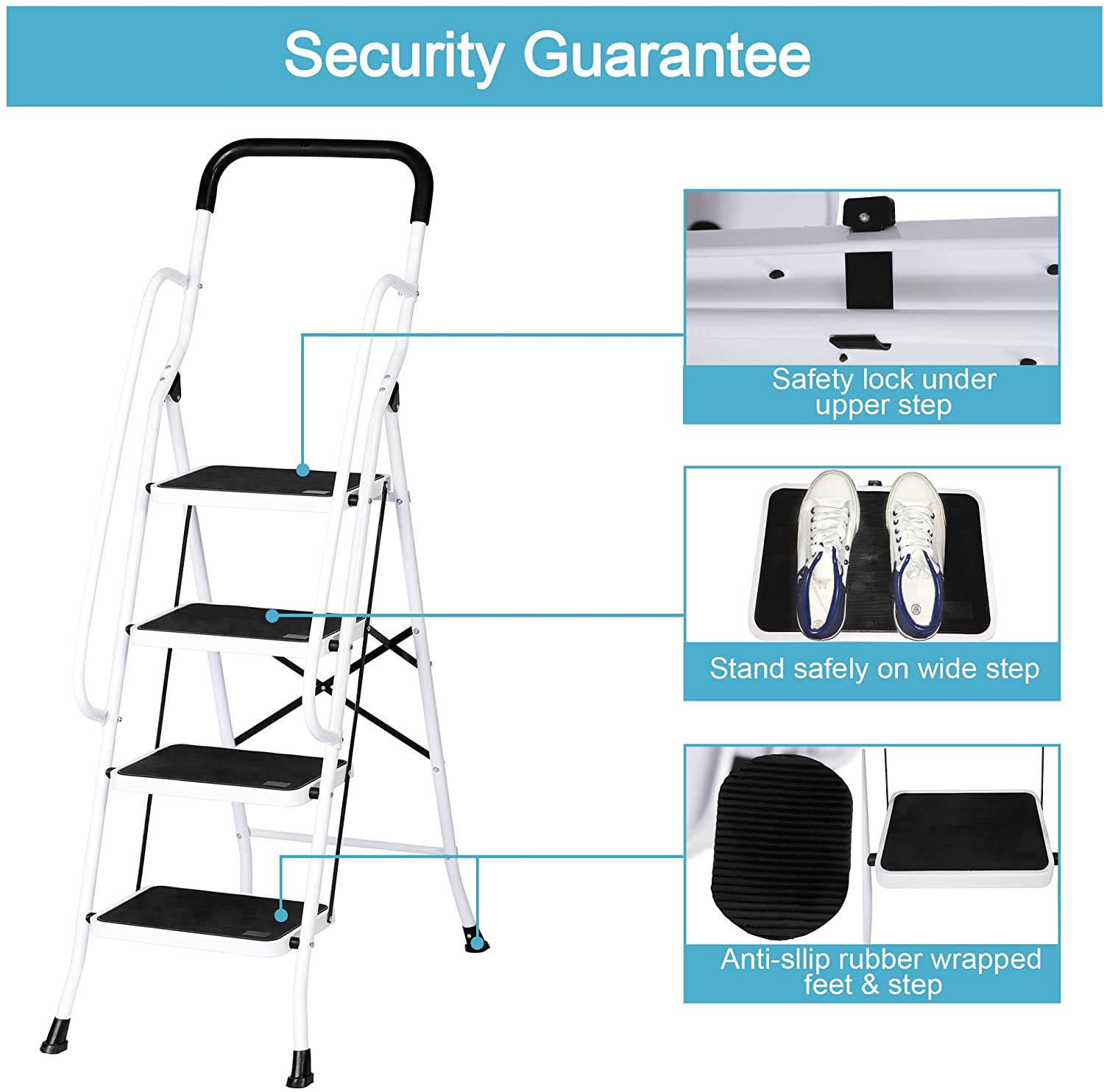 LUCKYERMORE 4 Step Stable Step Ladders with Hand Grips Safety Ladders 330lbs Capacity