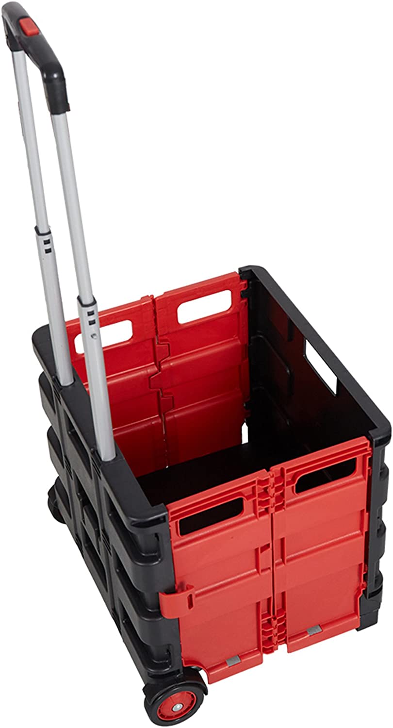 44L Collapsible Rolling Crate Utility Cart Foldable Grocery Cart with Wheels, Red