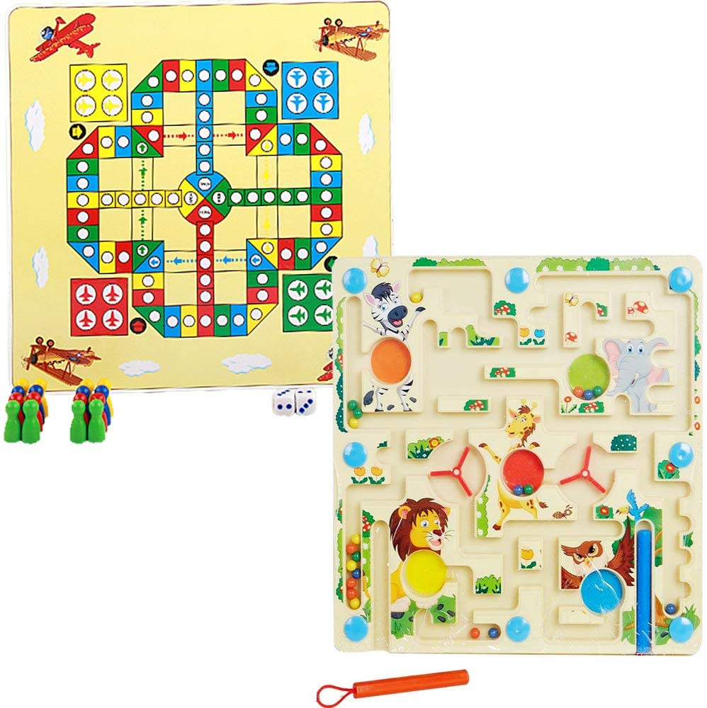Magnetic Maze Family Kids 3 up 2-Sided Board Game Maze Puzzles,Animal Maze & Flying Chess