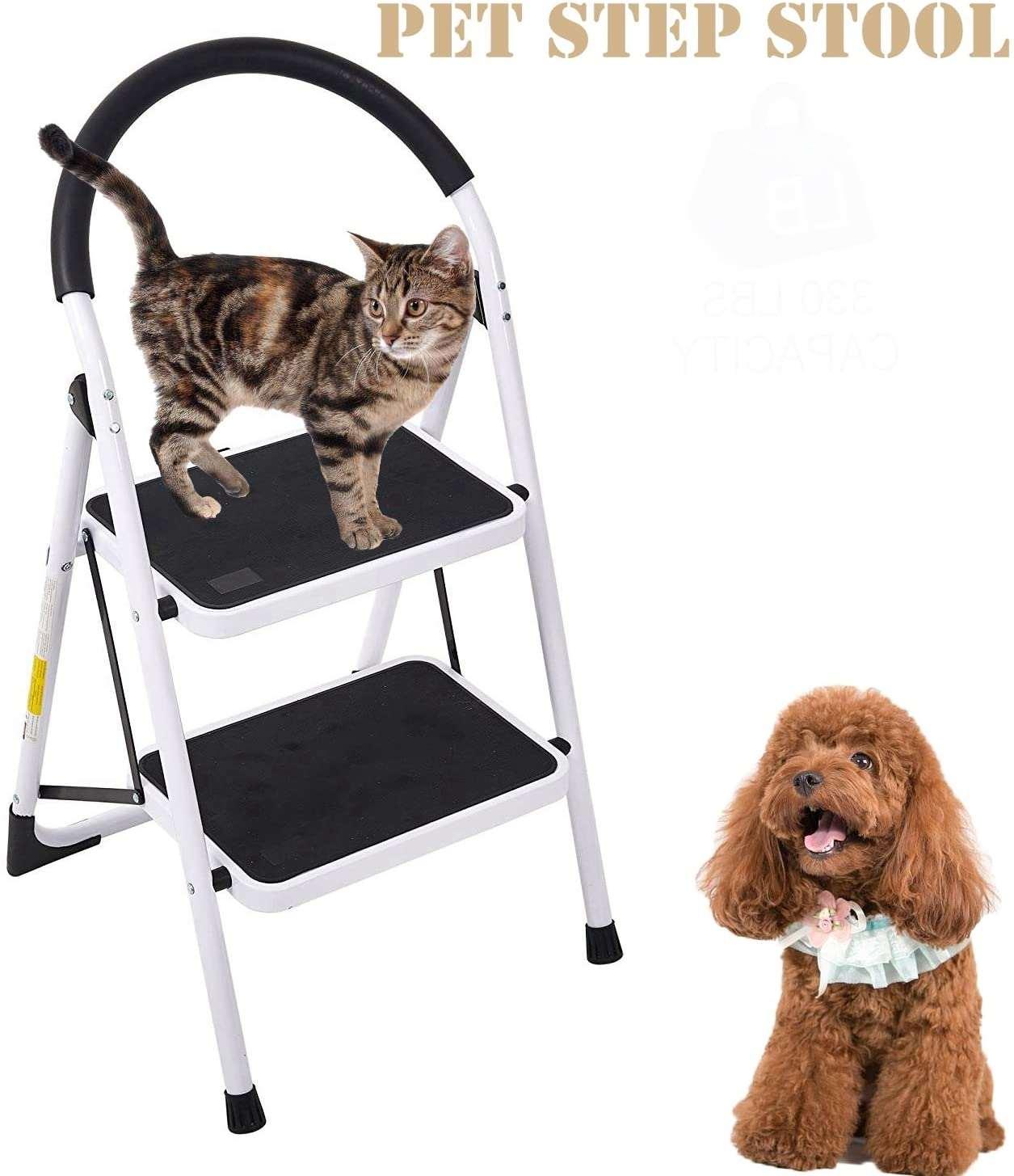 2 Step Ladder Folding Step Stool with Soft Grip Handle and Anti-Slip Wide Pedal 330 lbs Capacity for Home UseLUCKYERMORE 2 Step Ladder Folding Step Stool with Soft Grip Handle and Anti-Slip Wide Pedal, 330 lbs Capacity