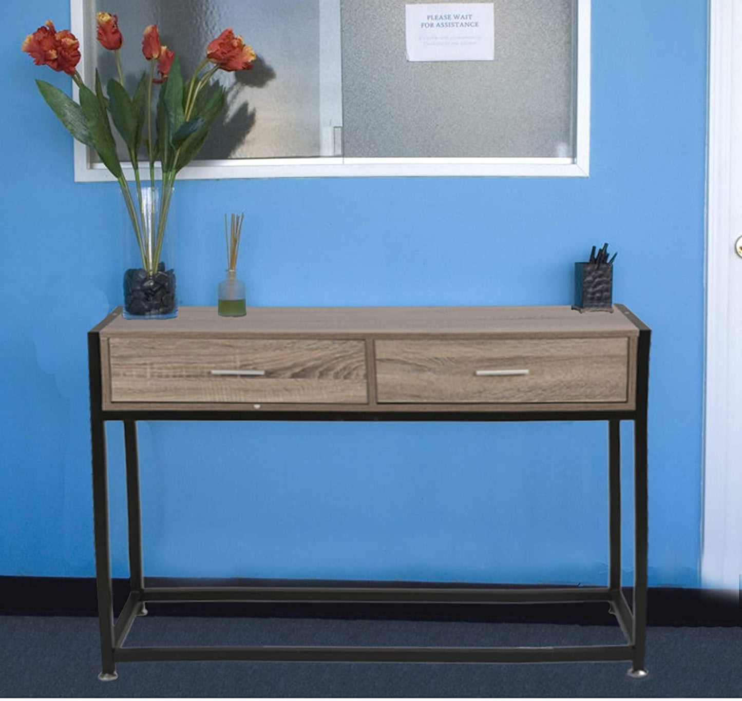 Entryway Console Table Hallway with 2 Drawers Wooden Metal Narrow Sofa Table with Two Storage Compartments Brown