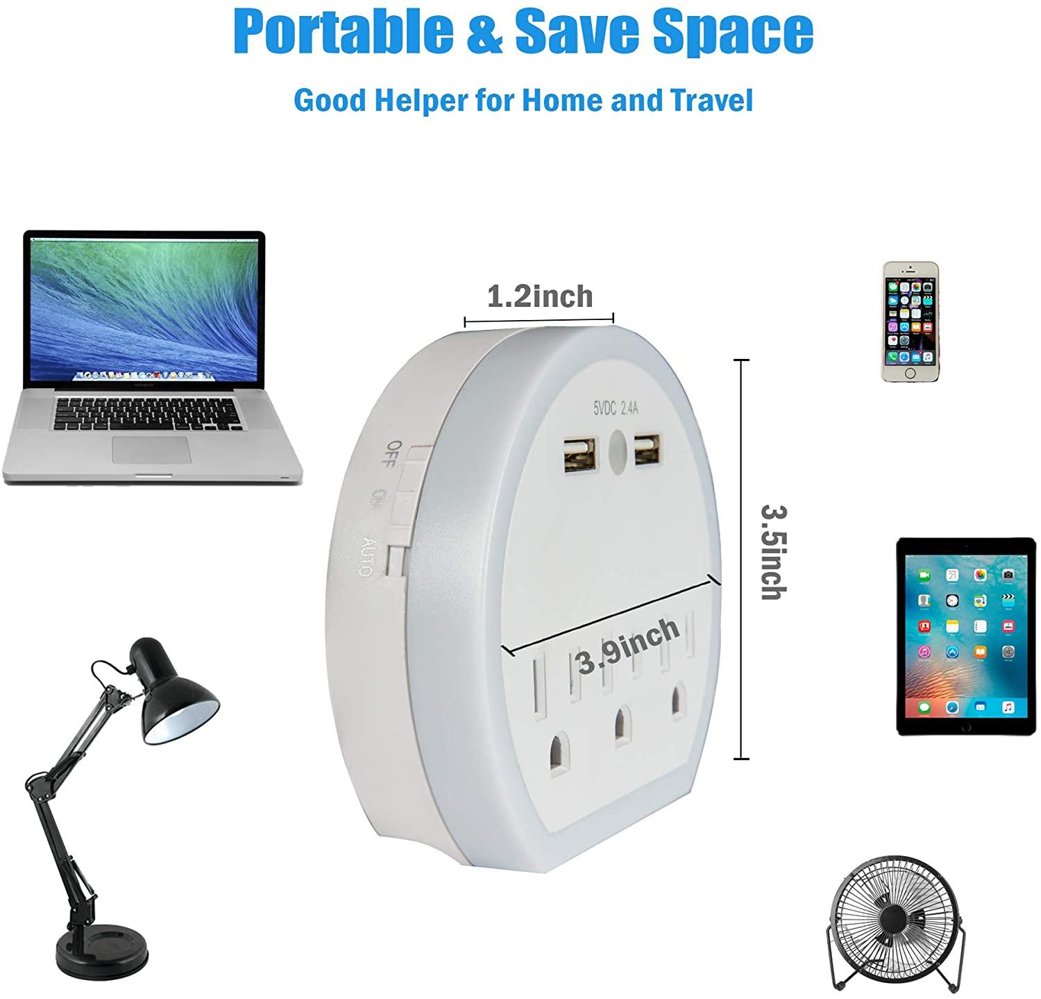 Wall Outlet Extender, Surge Protector Multi Plug Wall Charger with 3 Outlets and 2 USB Ports(5V/2.4A), Night Light Multiple Power Outlet for Cruise Ship Travel Office Home, White(2-Pack) - Luckyermore