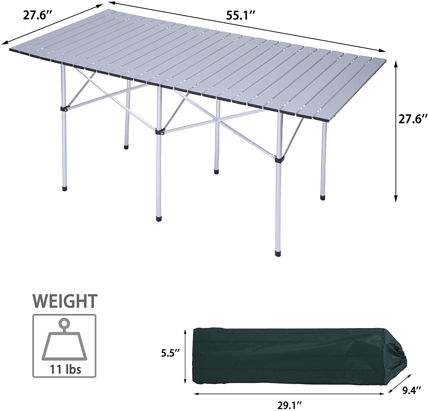 Outdoor Portable Camping Table for 4-6 Roll Top Aluminum Table Lightweight Folding Table, 55.1"x27.6"x27.6"
