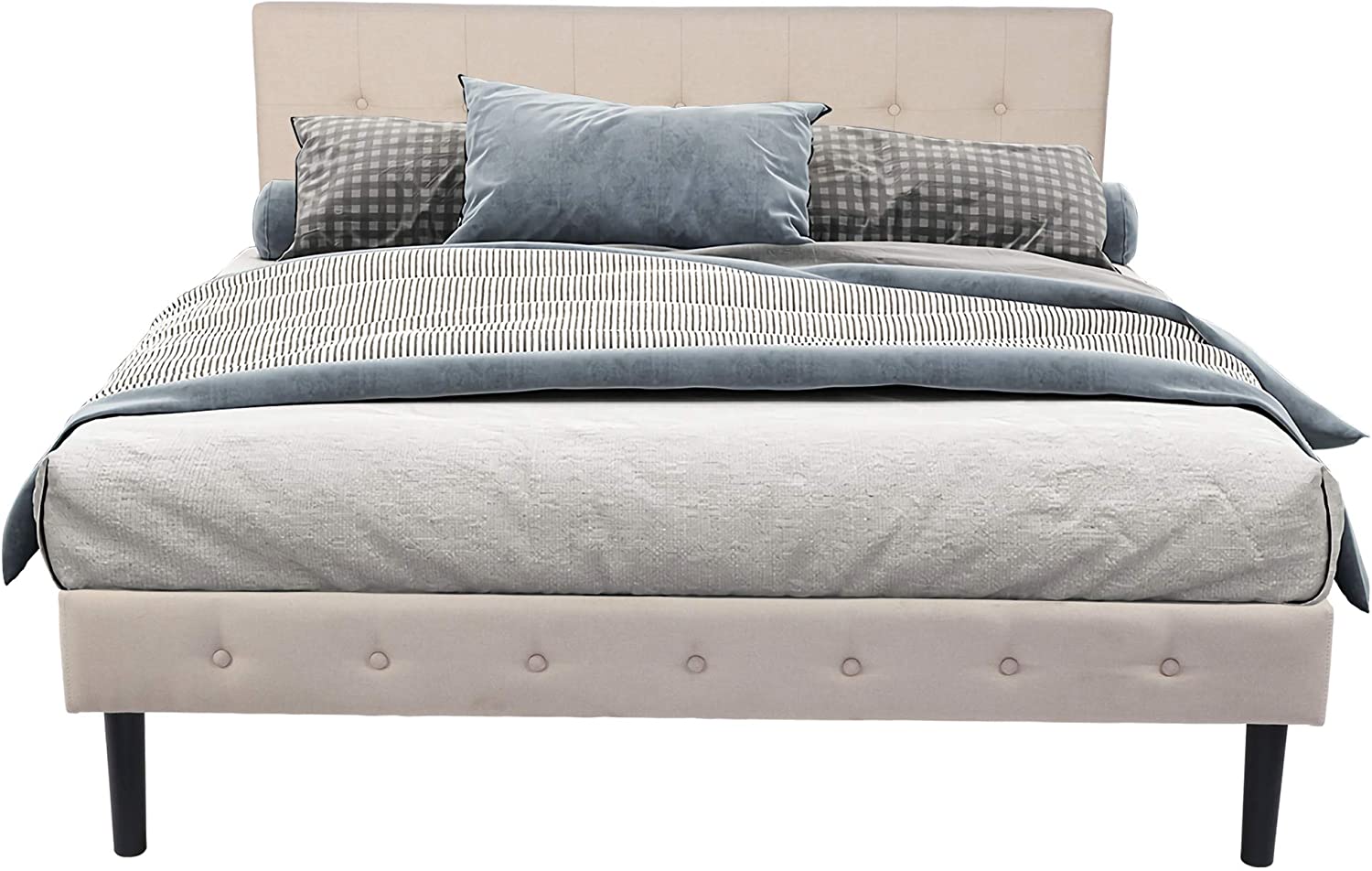 14 Inch Upholstered Platform Bed Frame with Headboard Mattress Foundation with Wood Slat Support No Box Spring Needed Beige - Luckyermore