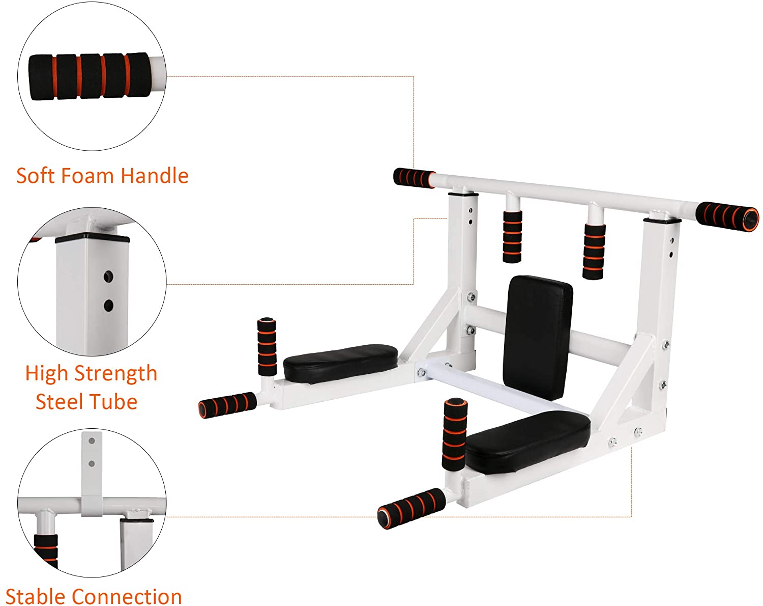 2 in 1 Wall Mounted Pull Up Bar Multifunctional Chin Up Bar and Dip Station - Luckyermore