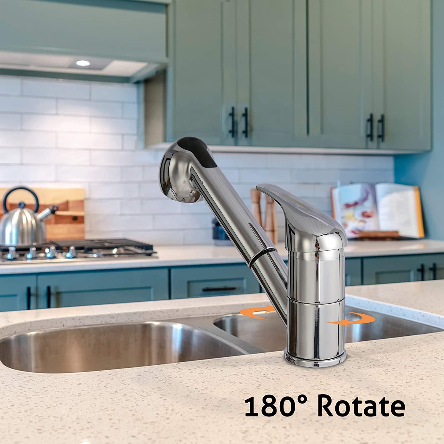 Pull Out Sprayer Single Hole Kitchen Sink Faucet, Single Handle Stainless Steel Tap for Bathroom Rv Wet Bar Sinks, Chrome - Luckyermore