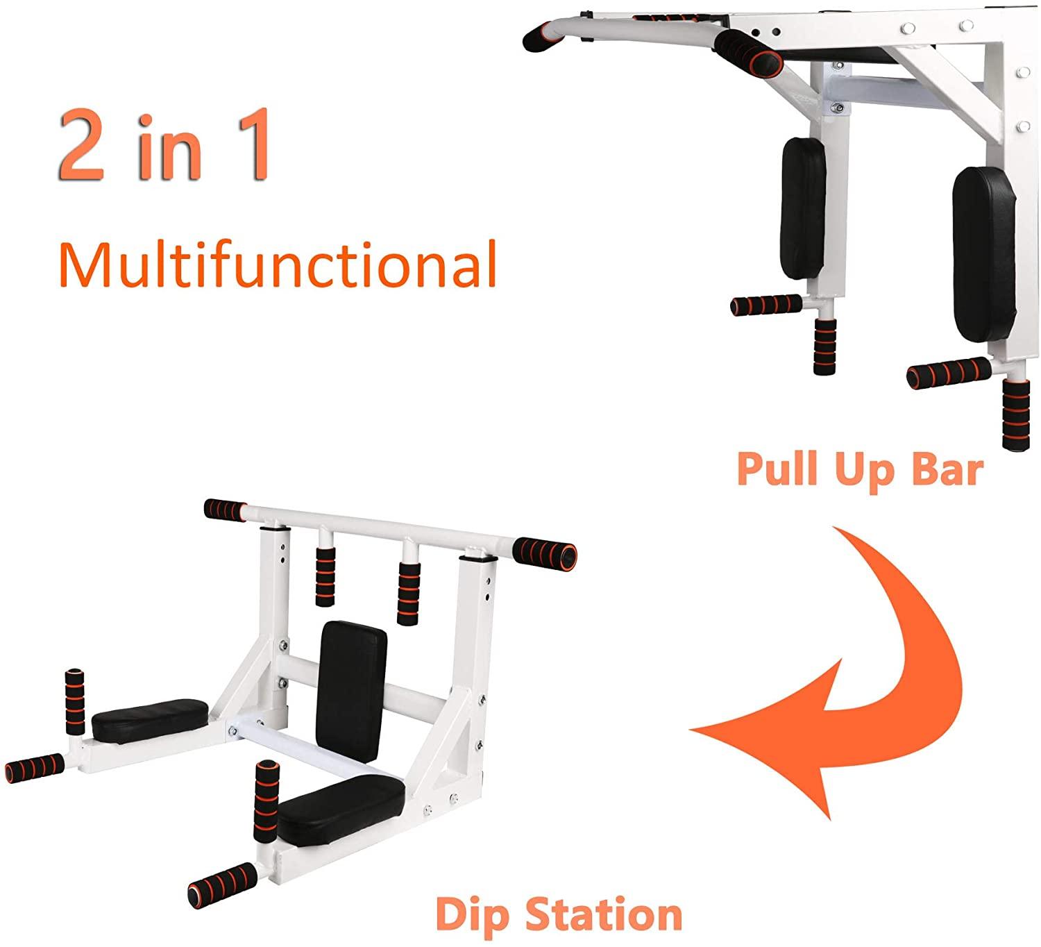 2 in 1 Wall Mounted Pull Up Bar Multifunctional Chin Up Bar and Dip Station - Luckyermore