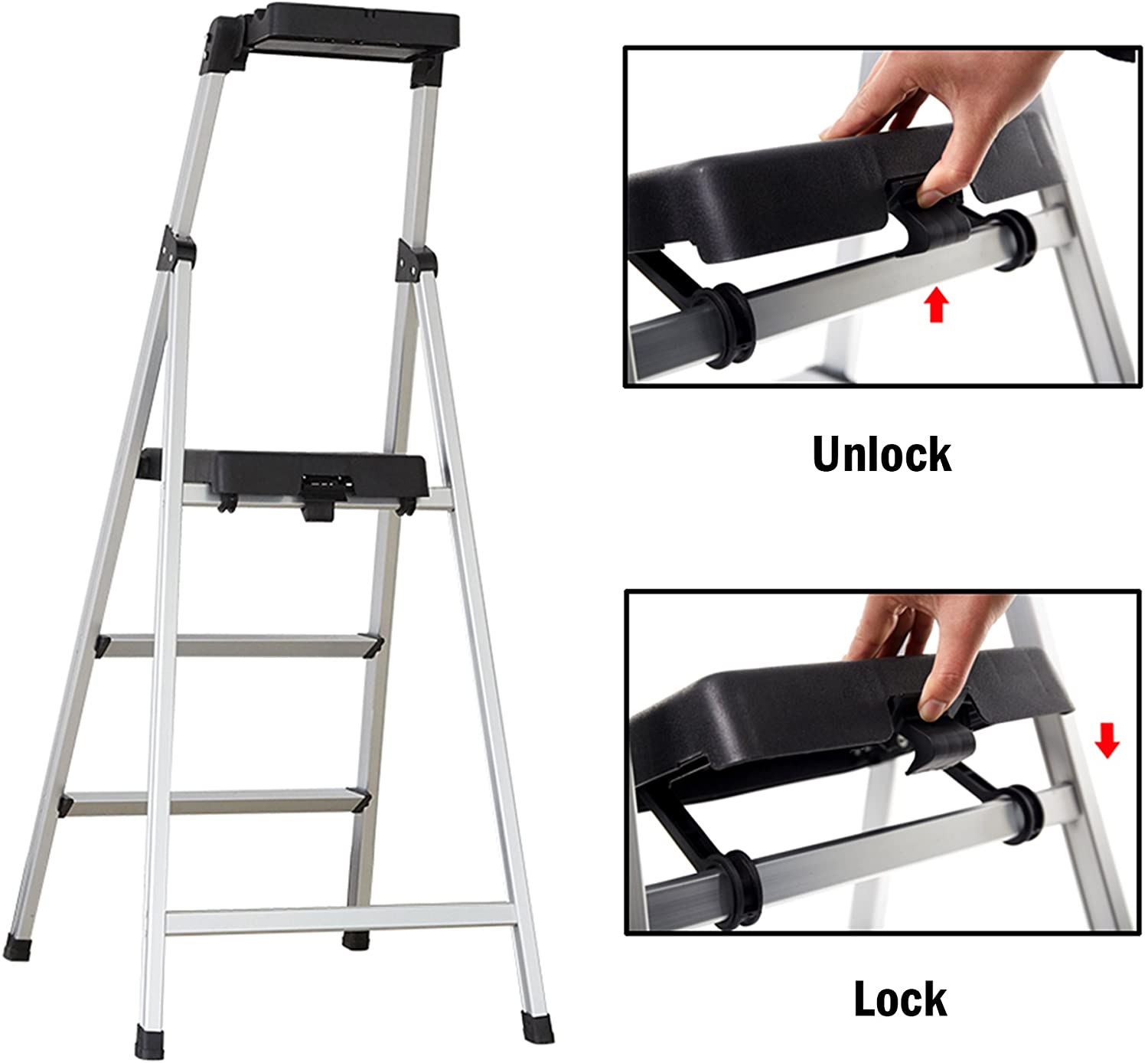 3 Step Folding Step Stool Ladder with Wide Platform Lightweight Aluminum Anti-Slip Step