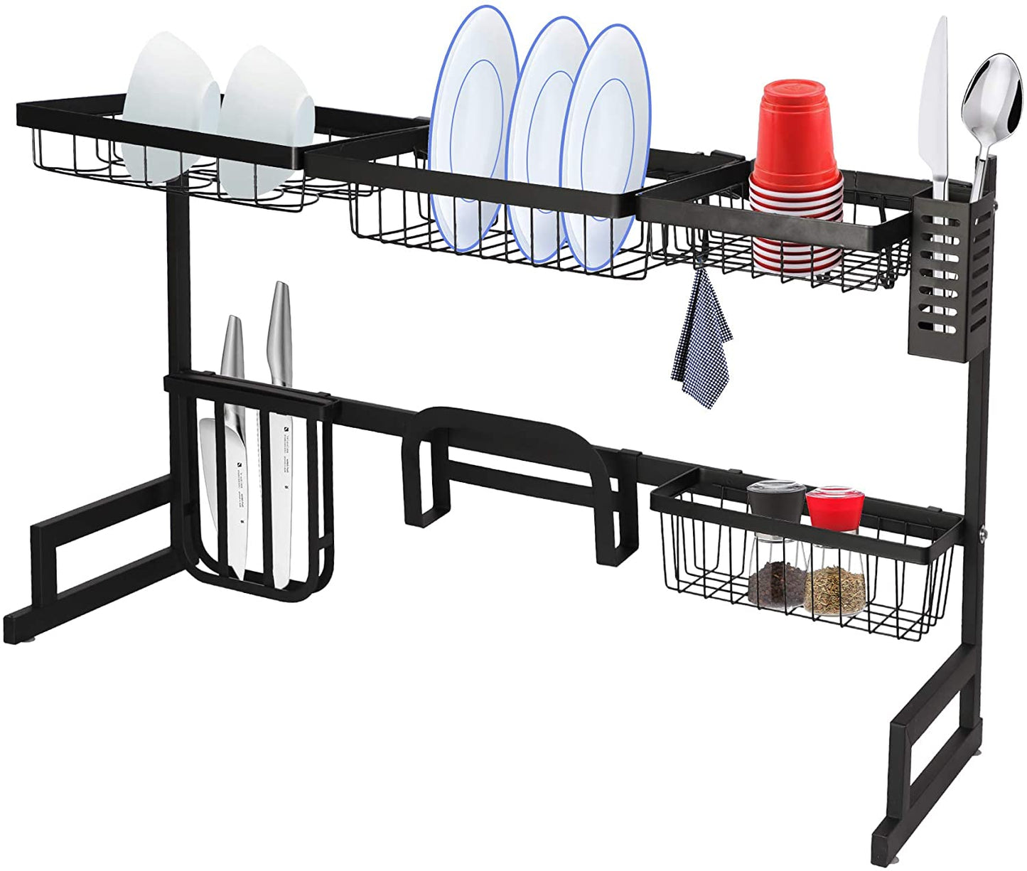 2 Tier Dish Rack, Above Sink Shelf, Weight Up to 88 pounds, W/Utensils Holder, Premium Stainless Steel, (Sink size<33.6in) Space Saver, for Bow, knife, Chopsticks, Space Organizer, Black