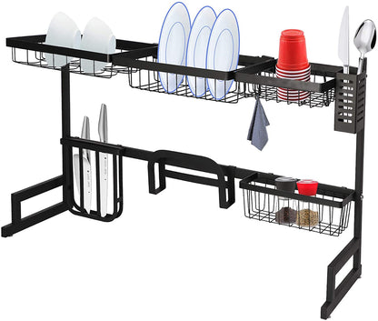 2 Tier Dish Rack, Above Sink Shelf, Weight Up to 88 pounds, W/Utensils Holder, Premium Stainless Steel, (Sink size<33.6in) Space Saver, for Bow, knife, Chopsticks, Space Organizer, Black
