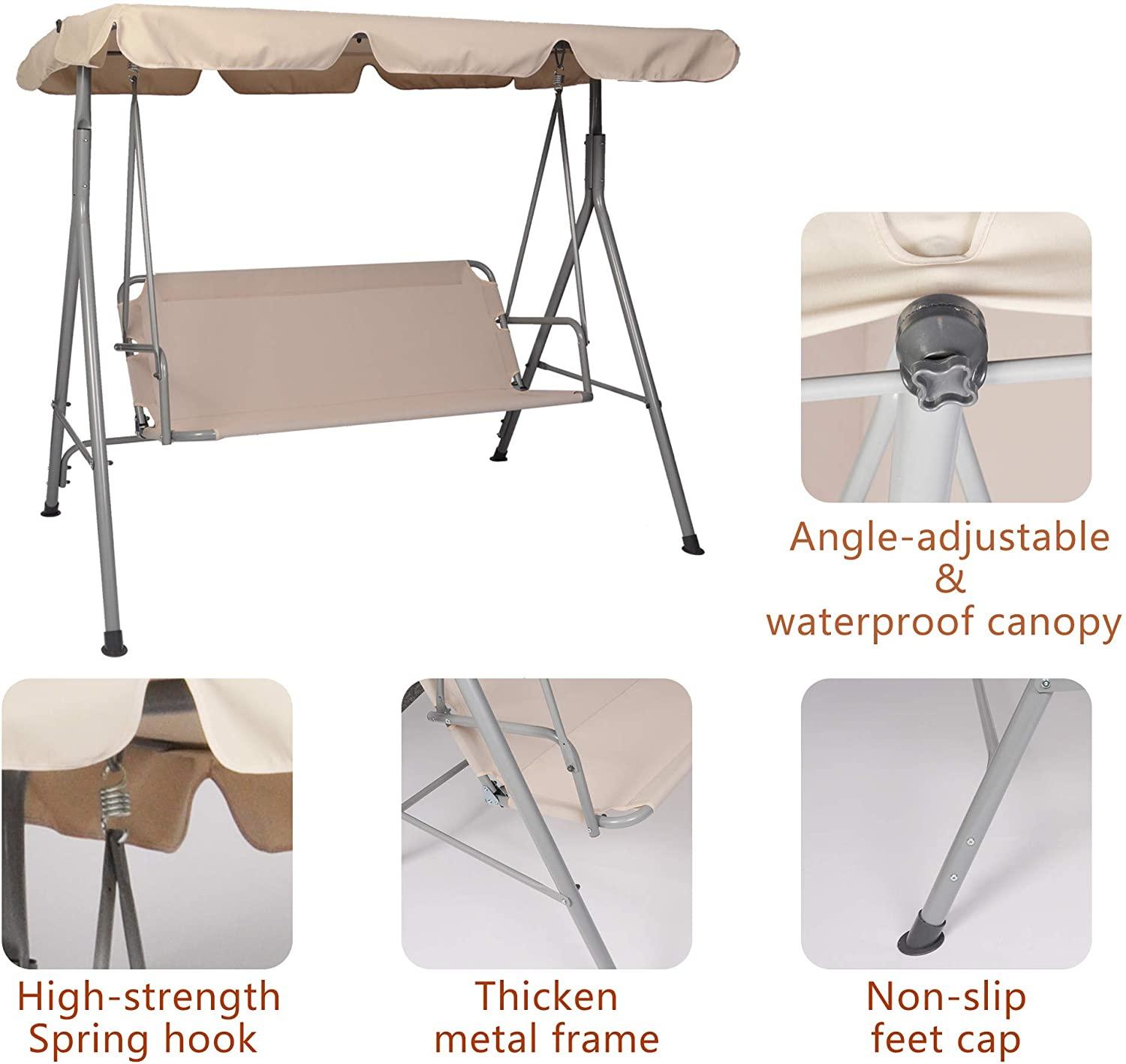Patio Swing,3 Person Porch Swing with Stand and Waterproof Canopy All Weather Resistant Swing Bench (Beige)