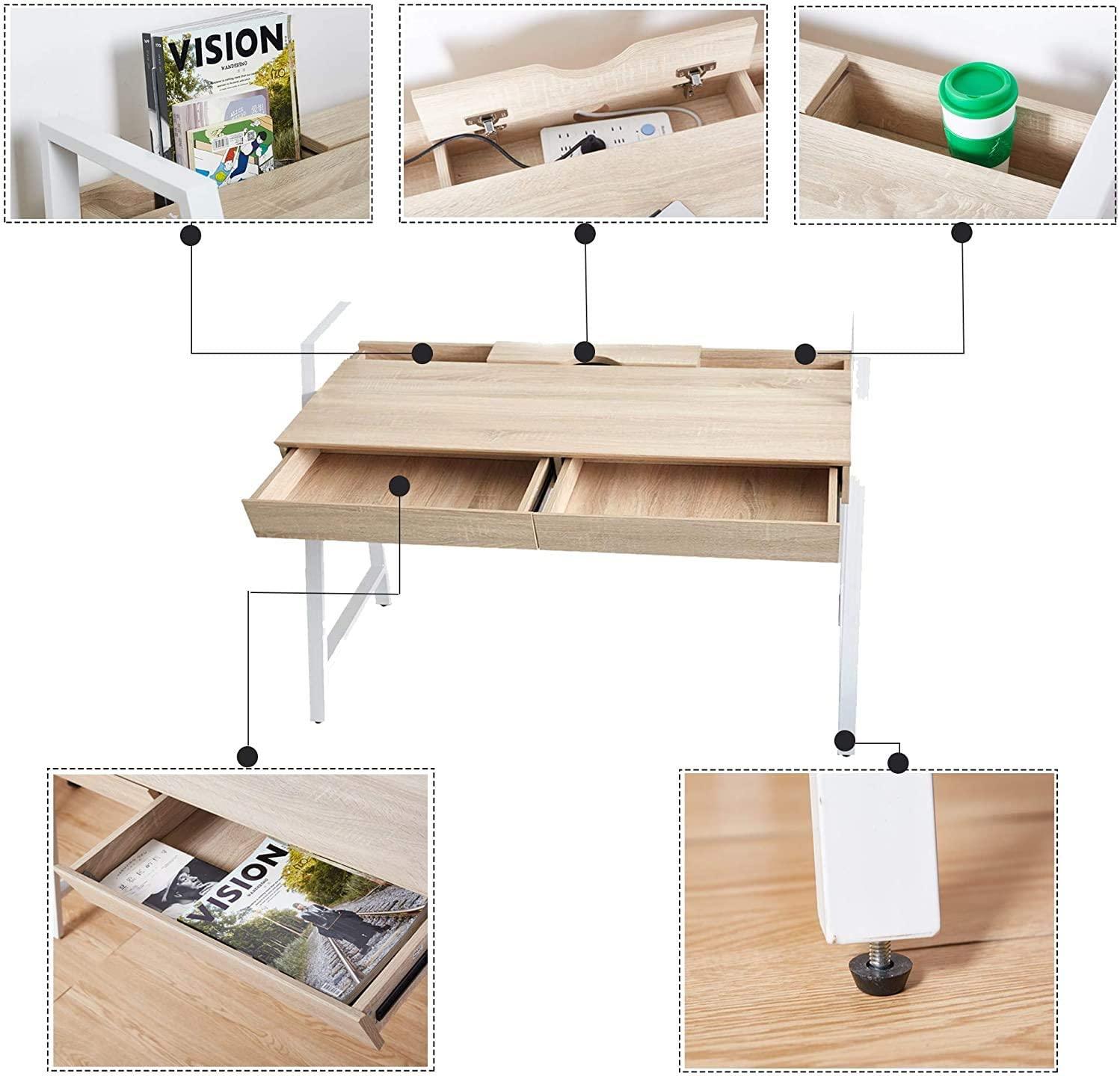50" Computer Desk with 2 Drawers Wood Home Office Desk Work Table, White - Luckyermore