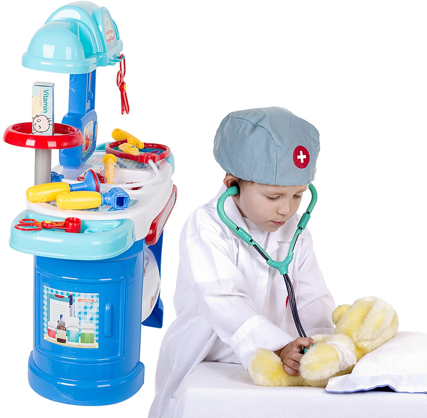Pretend Medical Toy Doctor Kit for Toddler Dentist Playset-15 Medical Equipment with a Sturdy Medical Table
