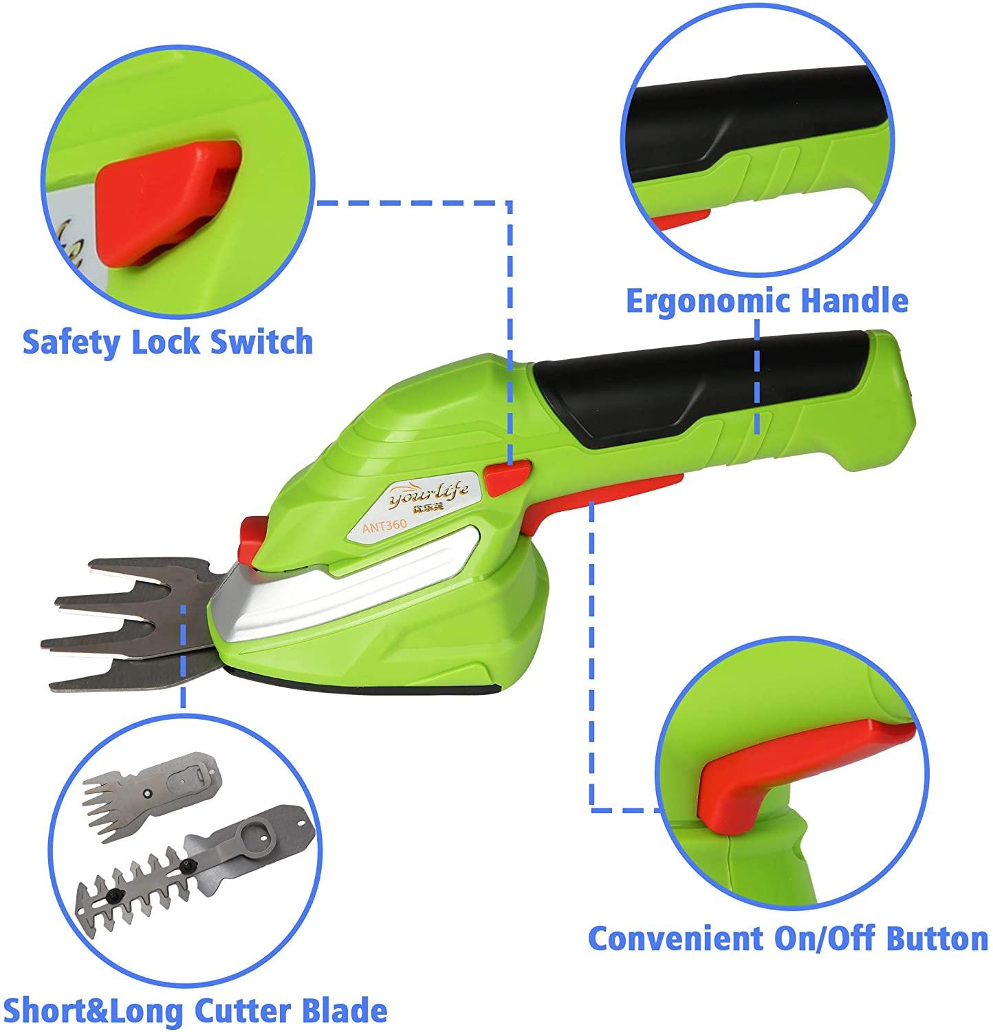 2-in-1 Cordless Hedge Trimmer 60min Shrubber w/Protective Shells Grass Shear Combo Rechargeable 3.6V Li-Ion Battery 2.45 lbs for Easy-Carry - Luckyermore