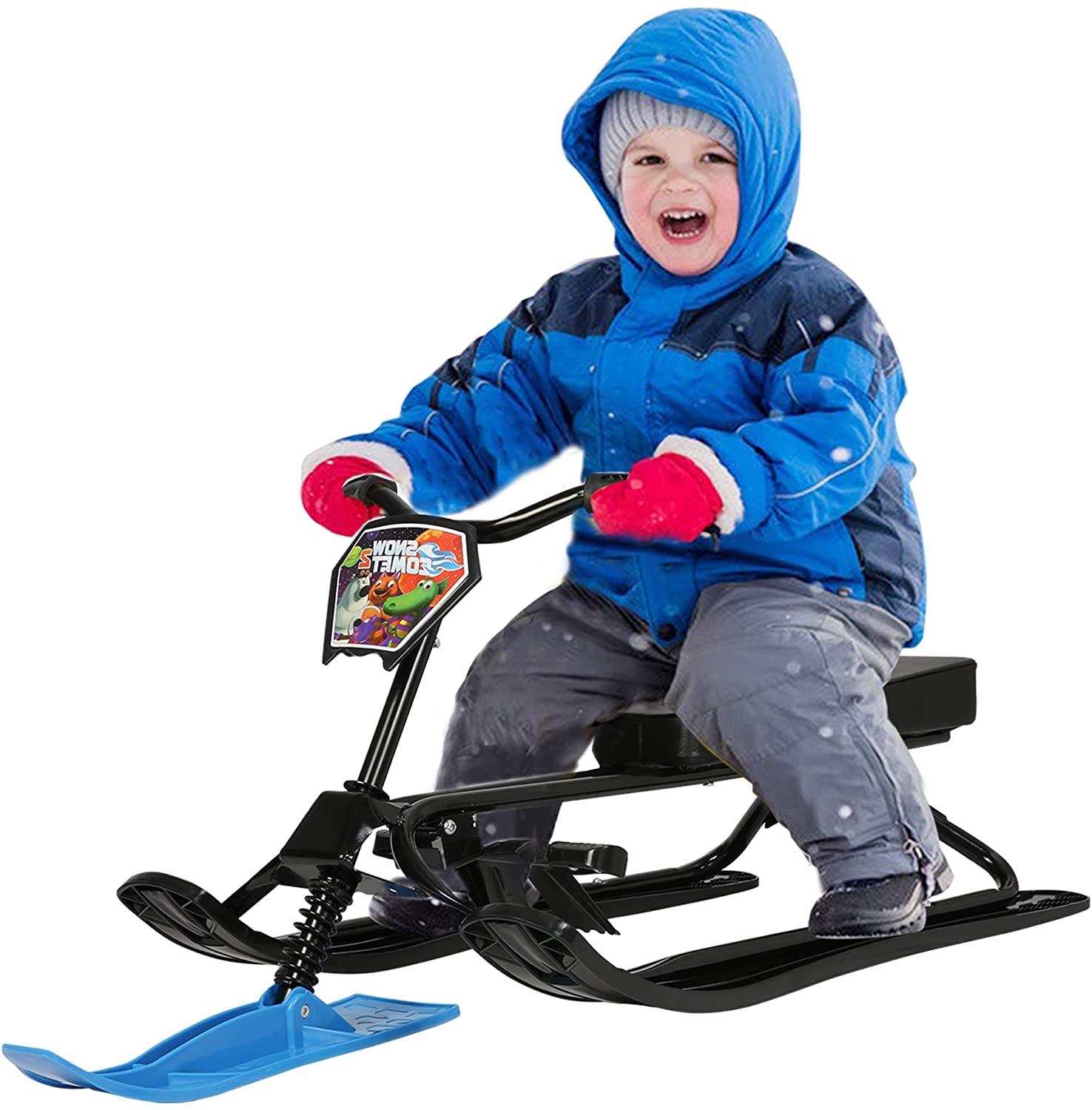 Snow Racer Sled with Steering Wheel and Brakes Kids Teens Ski Sled Slider Board, Blue - Luckyermore