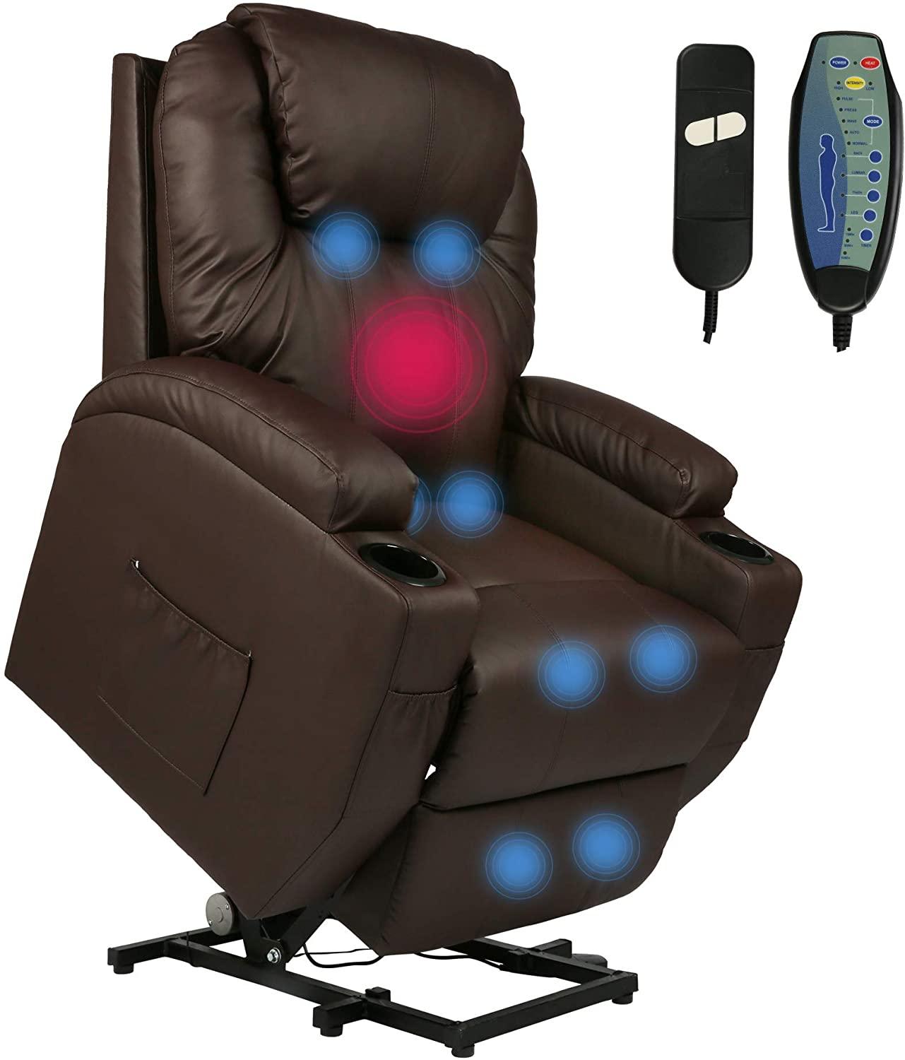 Power Lift Electric Recliner Chair with Heated Vibration Massage for Elderly People Adjustable Theater Recliner Sofa Furniture with Massage Remote Control for Living Room Bedroom,Brown