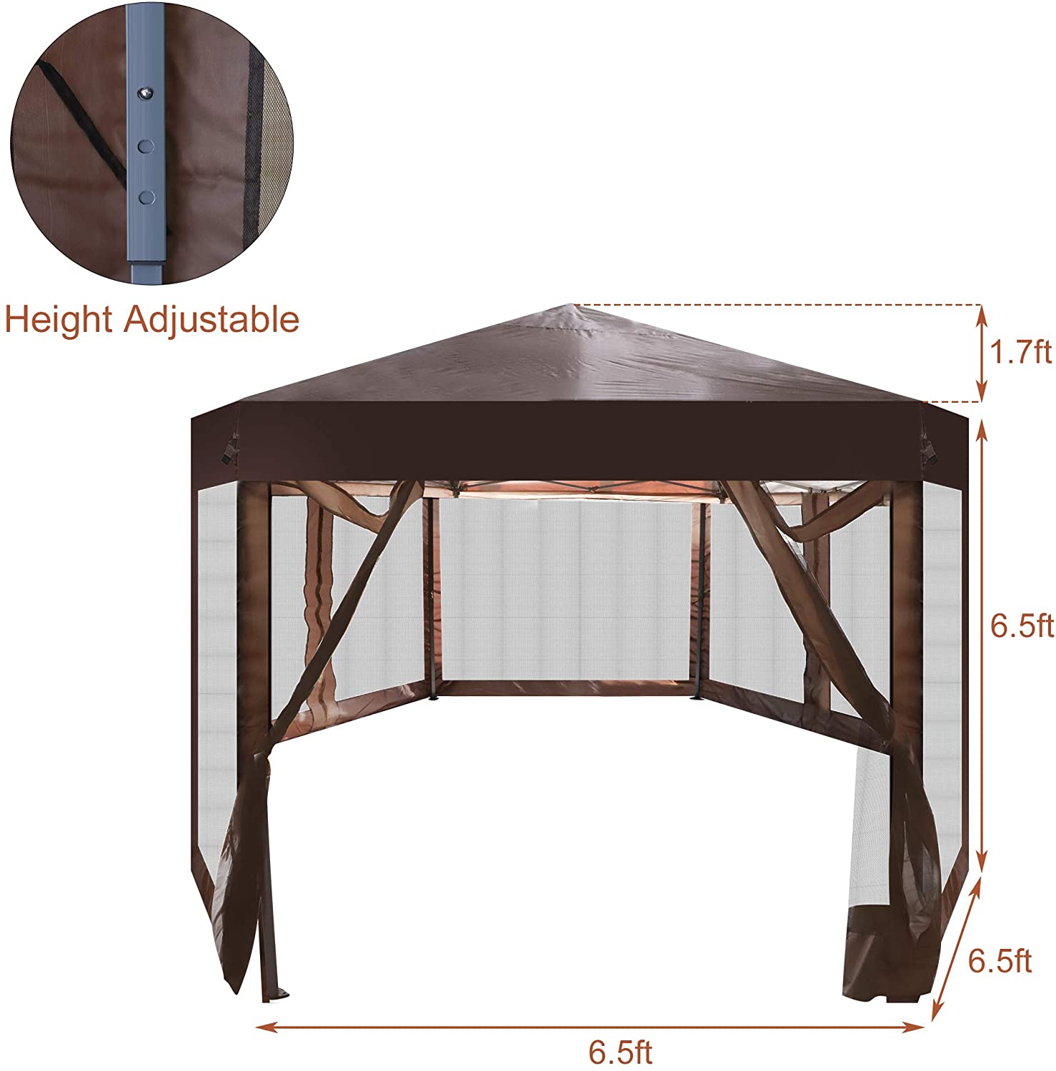 Outdoor Gazebo Patio Hexagonal Canopy Tent Sun Shade with Mosquito Netting and Carry Bag for Backyard Party (Brown)