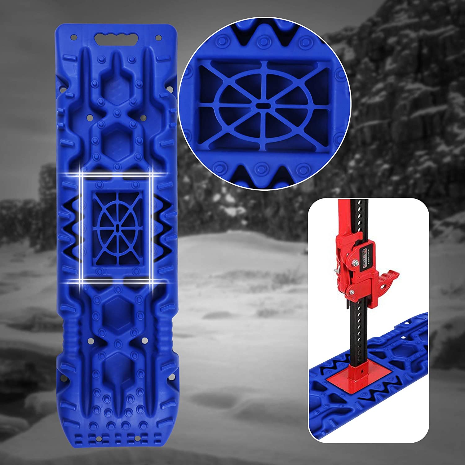 2 Pack Traction Boards with Jack Lift Base,Recovery Track Traction Mat for 4WD SUV, Jeep Tire Traction Tool Suitable for Mud, Sand, Snow, Ice Blue,Red