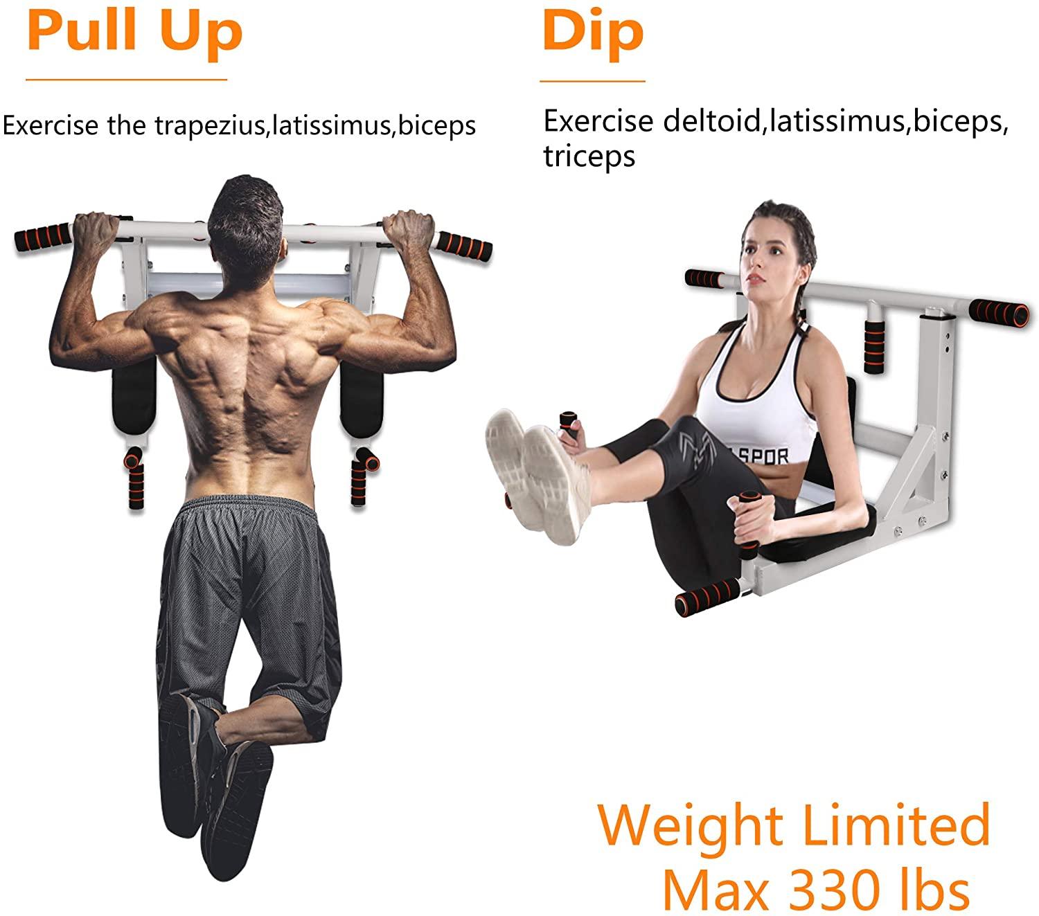 2 in 1 Wall Mounted Pull Up Bar Multifunctional Chin Up Bar and Dip Station - Luckyermore