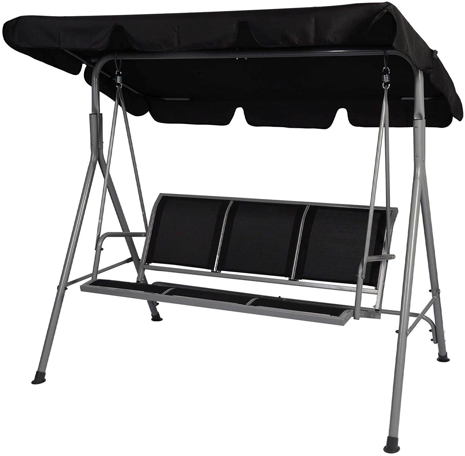 3 Person Patio Swing with Convertible Canopy-Weather Resistant Frame and Breathable Seat, Comfy Outdoor Swing Chair Bench for Porch Backyard Garden, Black - Luckyermore