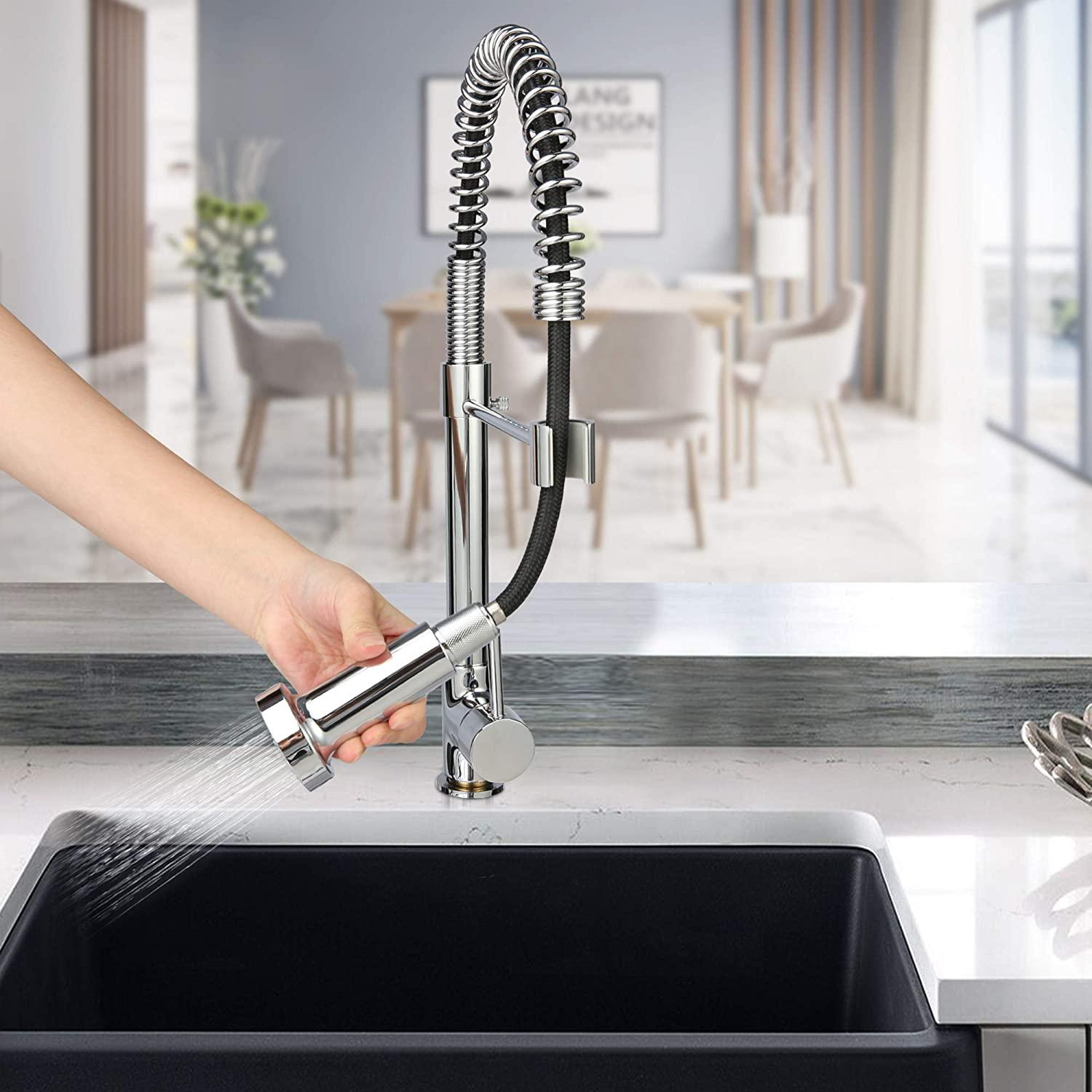 Commercial Kitchen Faucet with Pull Down Sprayer, High Arc Stainless Steel, 360 Swivel Single Handle Single Hole Spring Sink Faucet, Chrome - Luckyermore