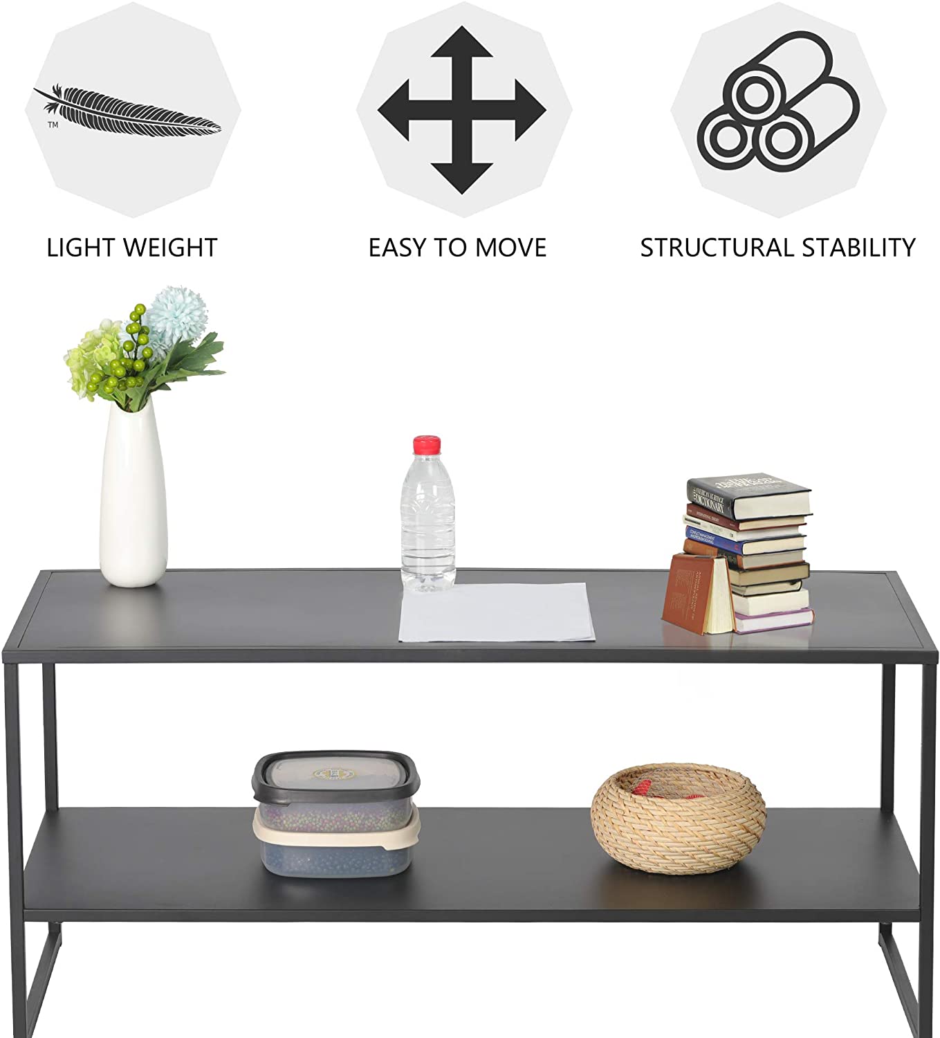 Simple Style Tea Table Modern Coffee Table with Metal Frame Light Weight Tea Table,Storage Shelf,44”L x 21”W x 18”H