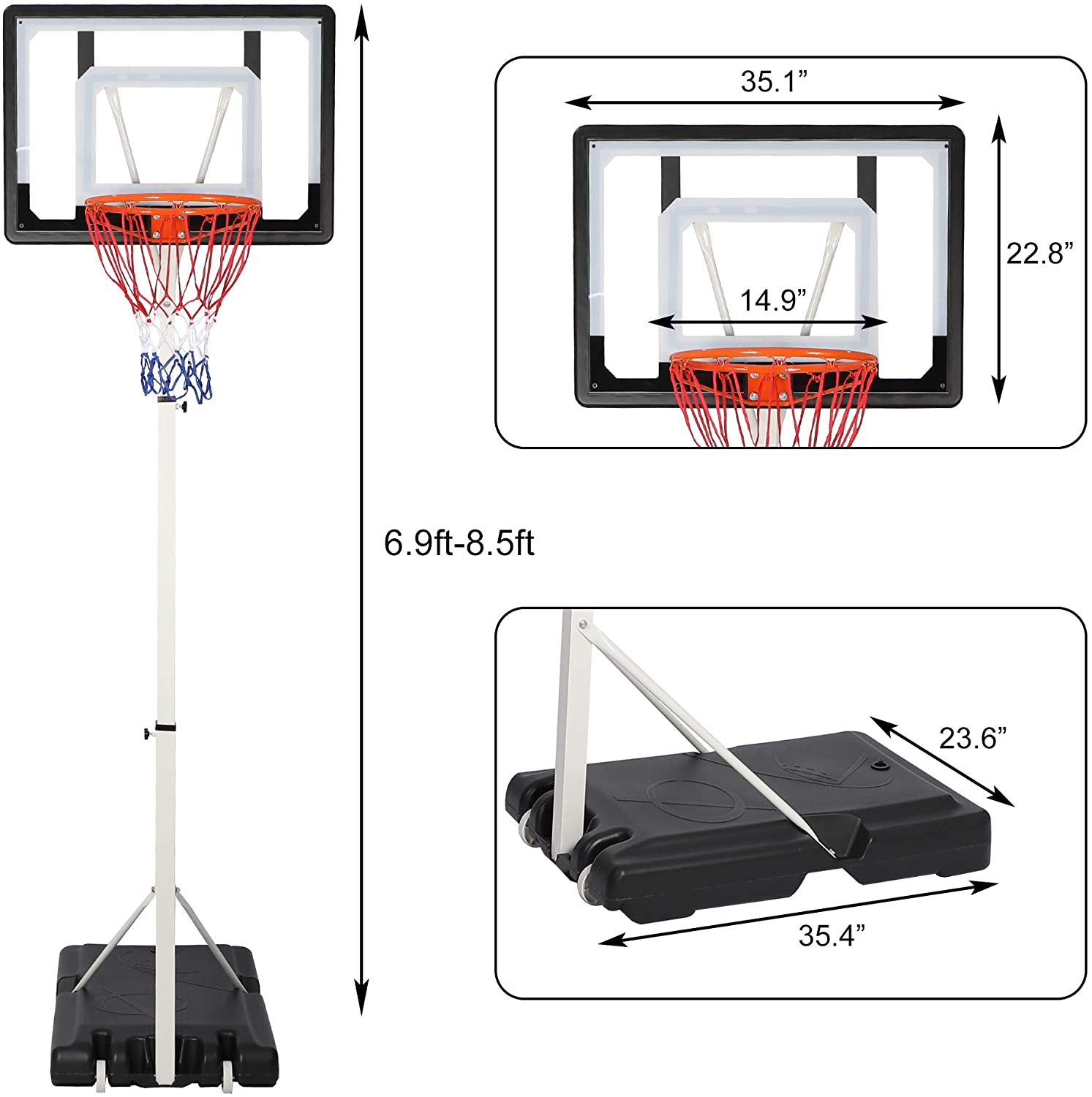 Portable Basketball Hoop Backboard System Stand Outdoor Sports Equipment Height Adjustable 6.9Ft-8.5Ft with Wheels