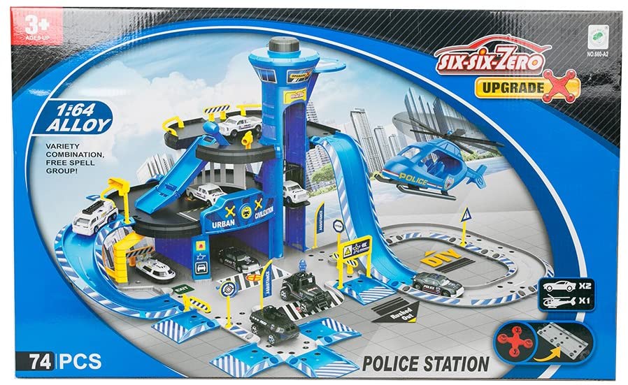 DIY Police Station Playset Educational Toy Service Station Parking Garage