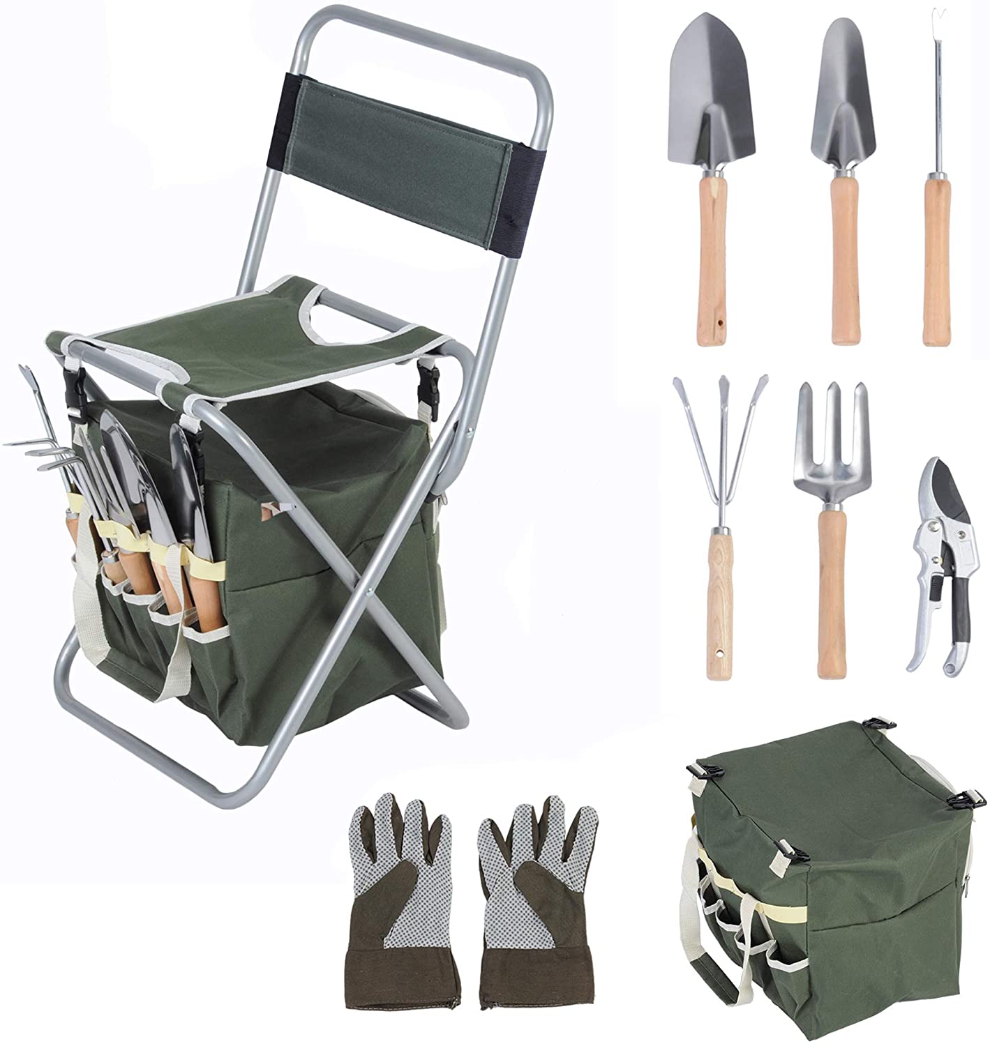 Garden Tool Set 9 Piece Heavy Duty Gardening Tools with Ergonomic Wooden Handle Sturdy Stool with Detachable Tool Kit Perfect for Different Kinds of Gardening