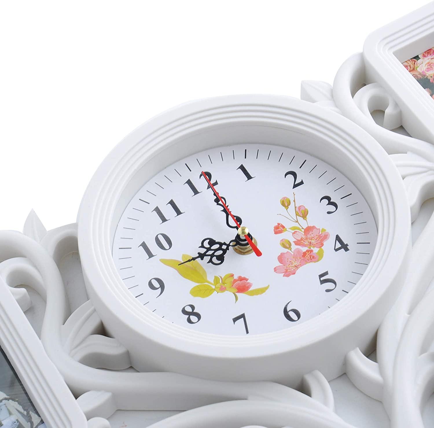 Collage Photo Frame Home Room Gallery Decor Wall Hanging Picture Frame Tree Type 4 Openings with 1 Clock, 4x6 7x5 Photo, White