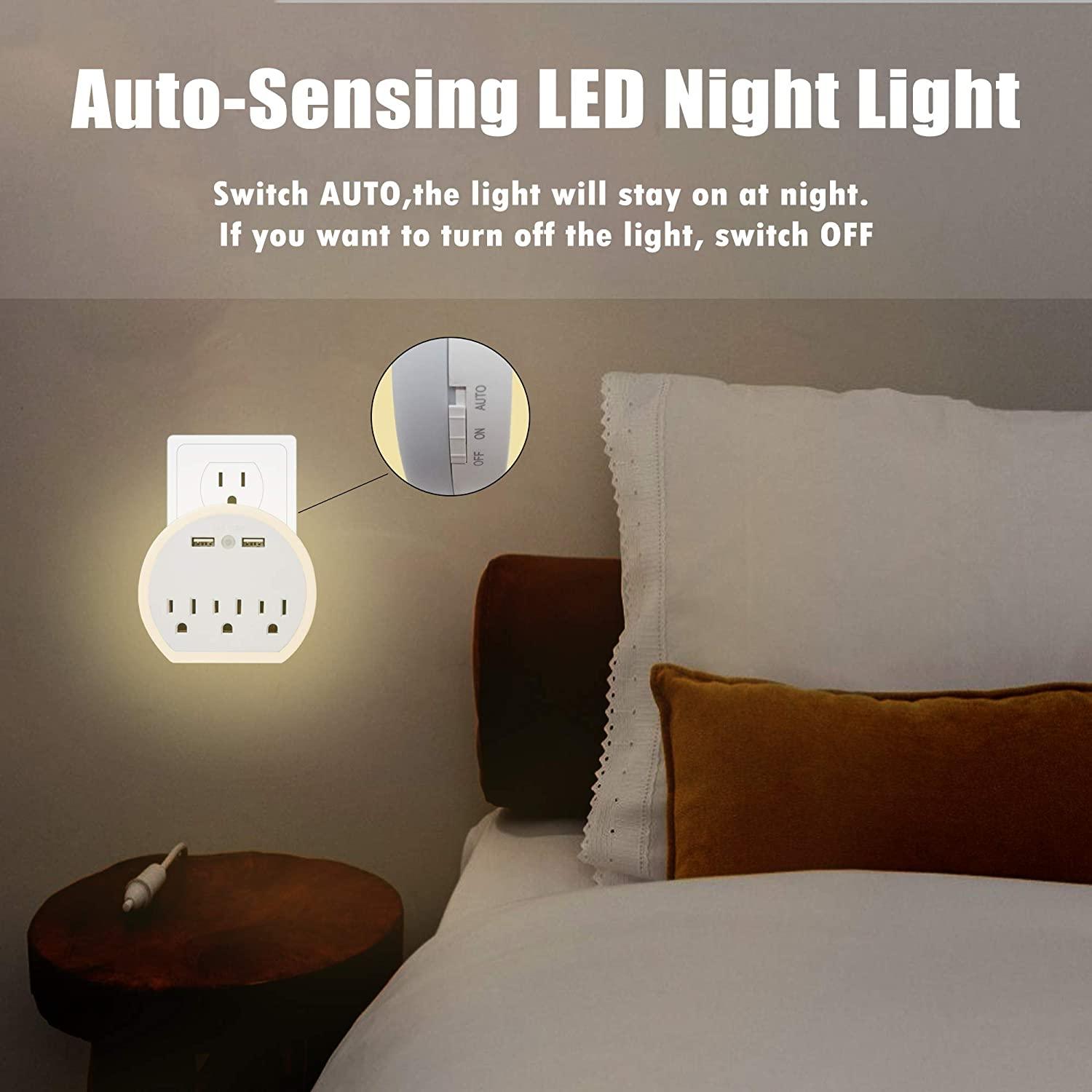 Wall Outlet Extender, Surge Protector Multi Plug Wall Charger with 3 Outlets and 2 USB Ports(5V/2.4A), Night Light Multiple Power Outlet for Cruise Ship Travel Office Home, White(2-Pack) - Luckyermore