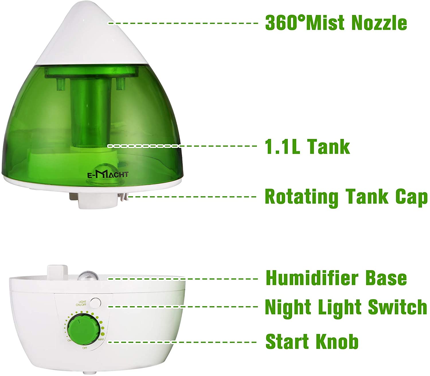 Humidifiers for Bedroom Quiet Ultrasonic Cool Mist Humidifier 1.1L with Auto Shut-Off and Night Light Function Adjustable Mist Output, Less Than 30dB,Green