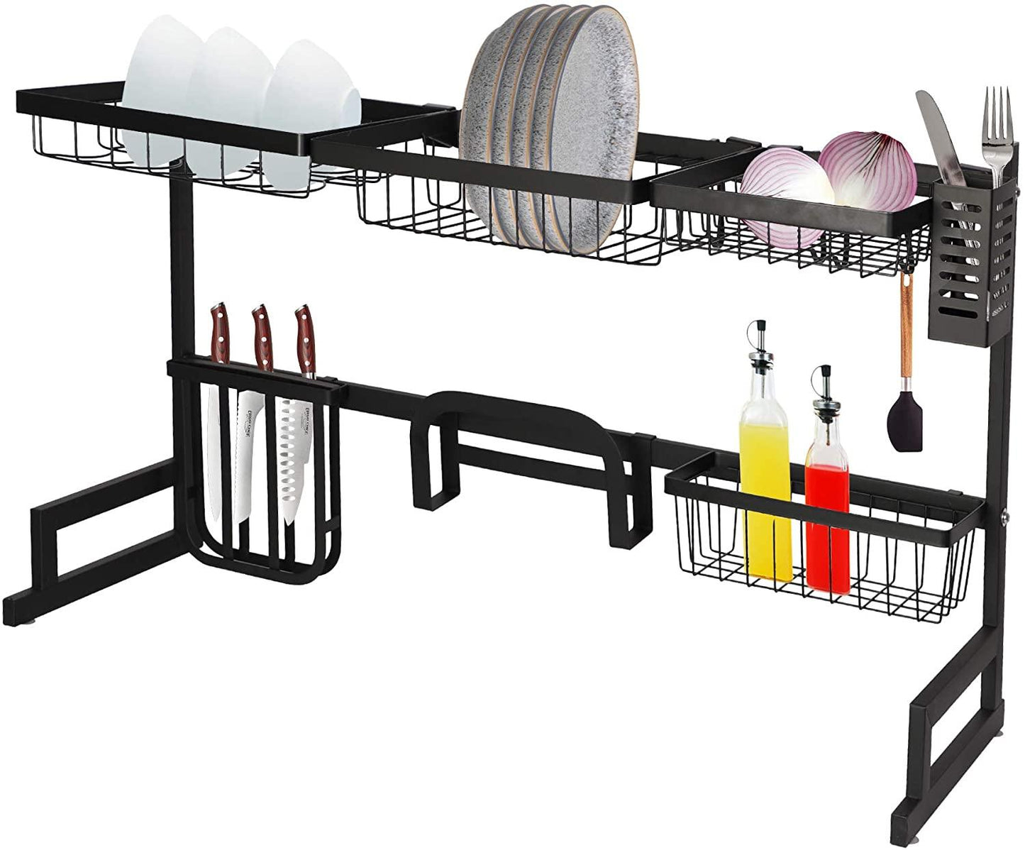 2 Tier Dish Rack, Above Sink Shelf, Weight Up to 88 pounds, W/Utensils Holder, Premium Stainless Steel, (Sink size<33.6in) Space Saver, for Bow, knife, Chopsticks, Space Organizer, Black