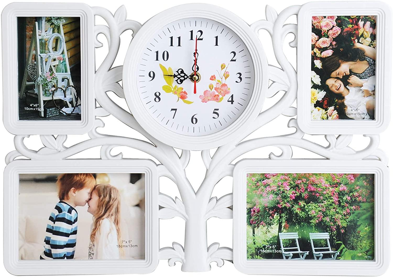 Collage Photo Frame Home Room Gallery Decor Wall Hanging Picture Frame Tree Type 4 Openings with 1 Clock, 4x6 7x5 Photo, White