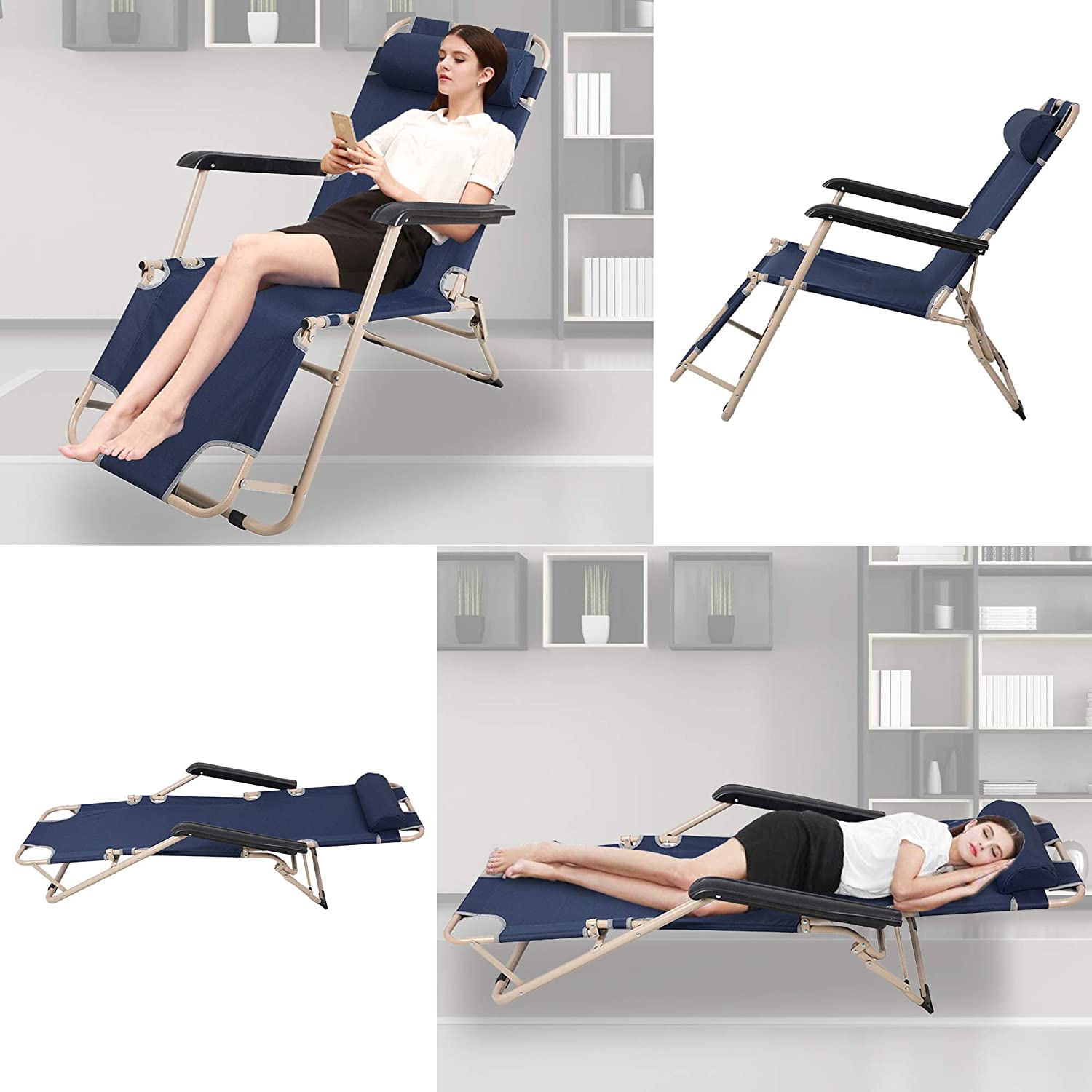 Luckyermore Set of 2 Portable Chaise Lounge Chair 66" L Flat Folding Outdoor Recliner Chair, Dark Blue