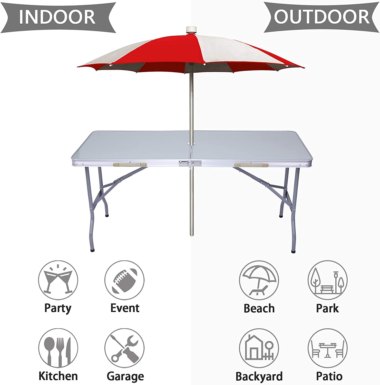 LUCKYERMORE Portable Folding Camping Table 5 Ft Lightweight Table Suitcase Picnic Table with Umbrella Hole