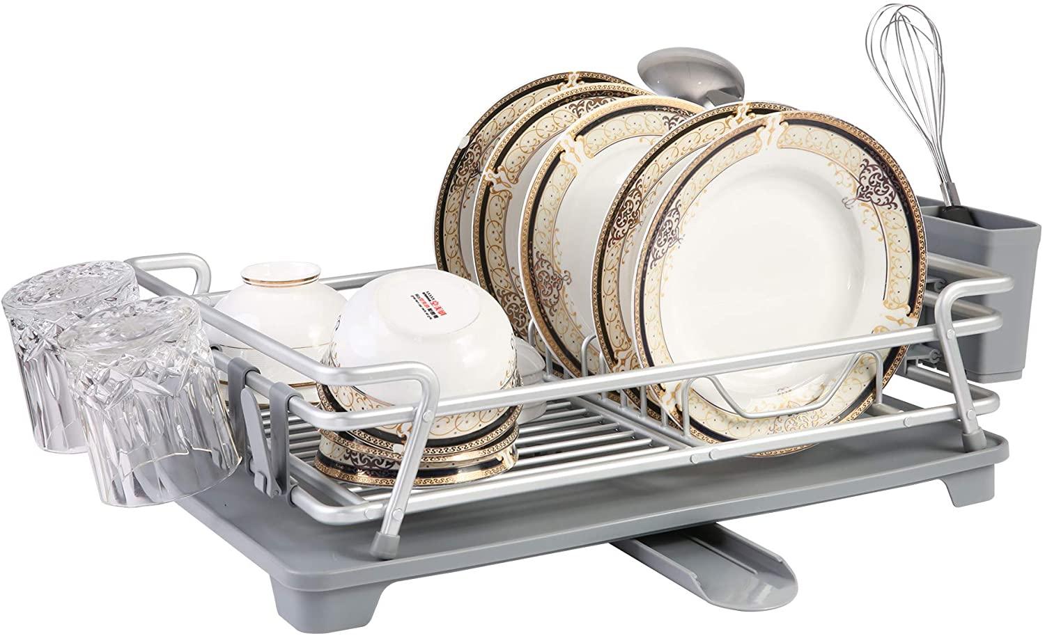 Dish Drying Rack with 360° Swivel Drain Board and Drain Spout,2 Tier Stainless Aluminum Dish Rack for Kitchen Countertop,Cutlery Holder with Removable Plastic Tray,Grey (21.5” x 15” x 6”) - Luckyermore