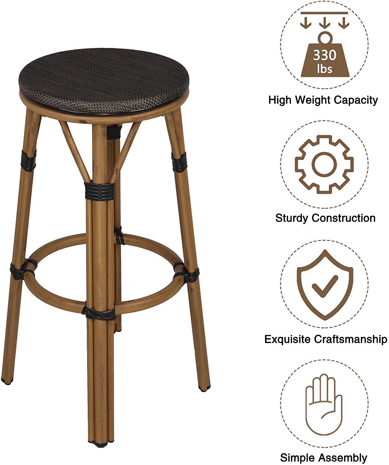Kitchen Counter Stools with Foot Plate Black Dining Chair Set of 2 Bar Chair Modern Textile Fabric Breakfast High Stools for Kitchen Stool