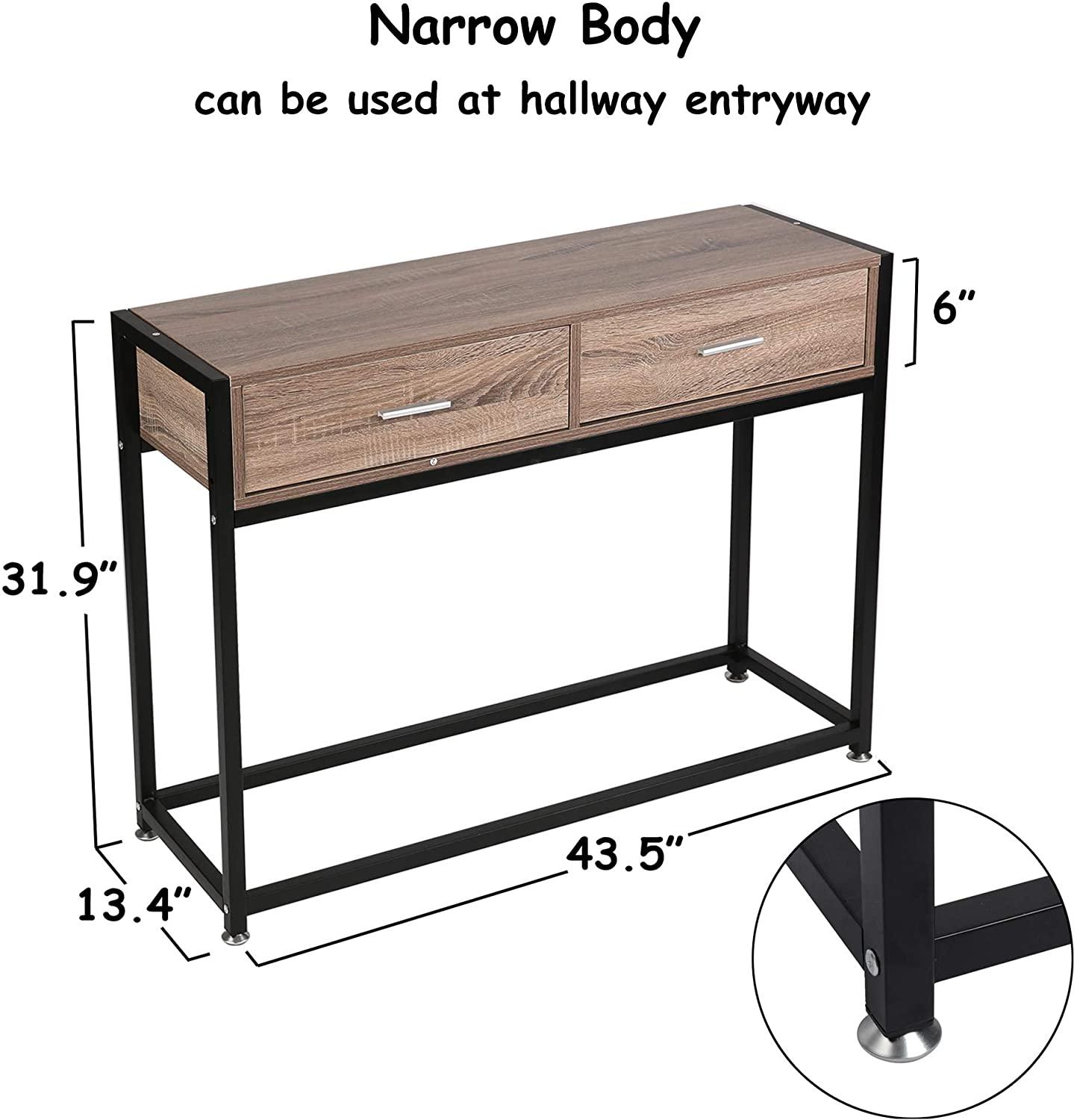 Entryway Console Table Hallway with 2 Drawers Wooden Metal Narrow Sofa Table with Two Storage Compartments Brown