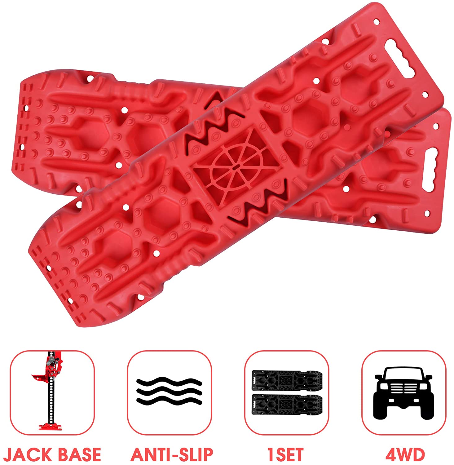 2 Pack Traction Boards with Jack Lift Base,Recovery Track Traction Mat for 4WD SUV, Jeep Tire Traction Tool Suitable for Mud, Sand, Snow, Ice Blue,Red