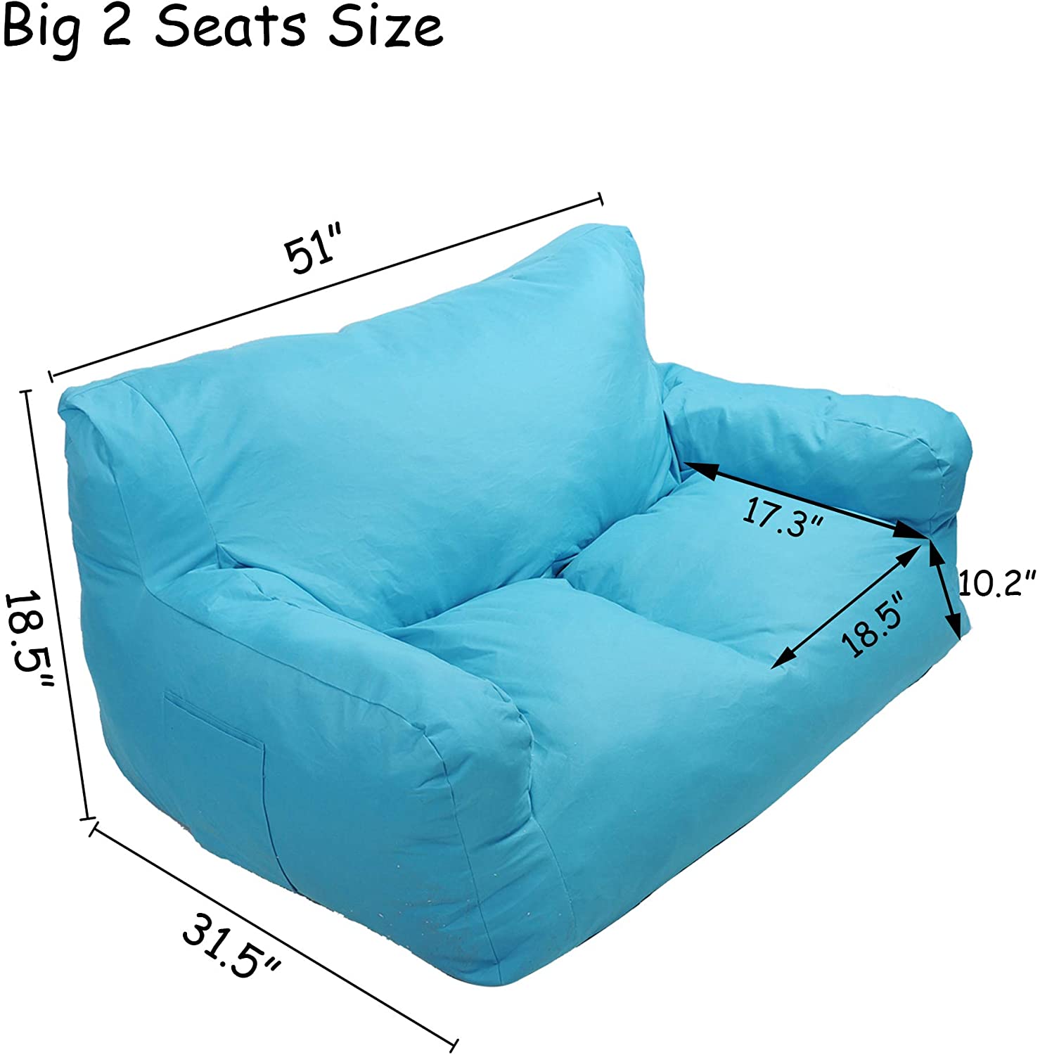 Blue Bean Bag Chair Kids Self-Inflated Sponge Stuffed Beanless Dorm Chair for Adults,Double Seats Sofa Lounger Couch Furniture for Indoor and Outdoor