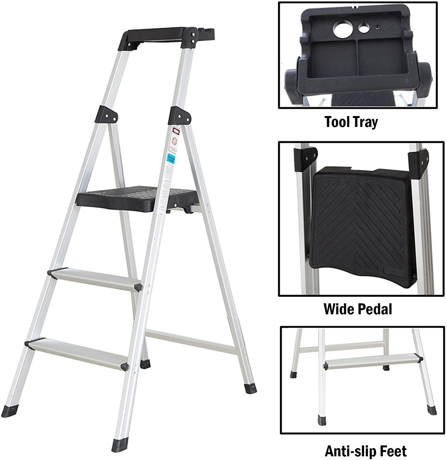 3 Step Folding Step Stool Ladder with Wide Platform Lightweight Aluminum Anti-Slip Step - Luckyermore