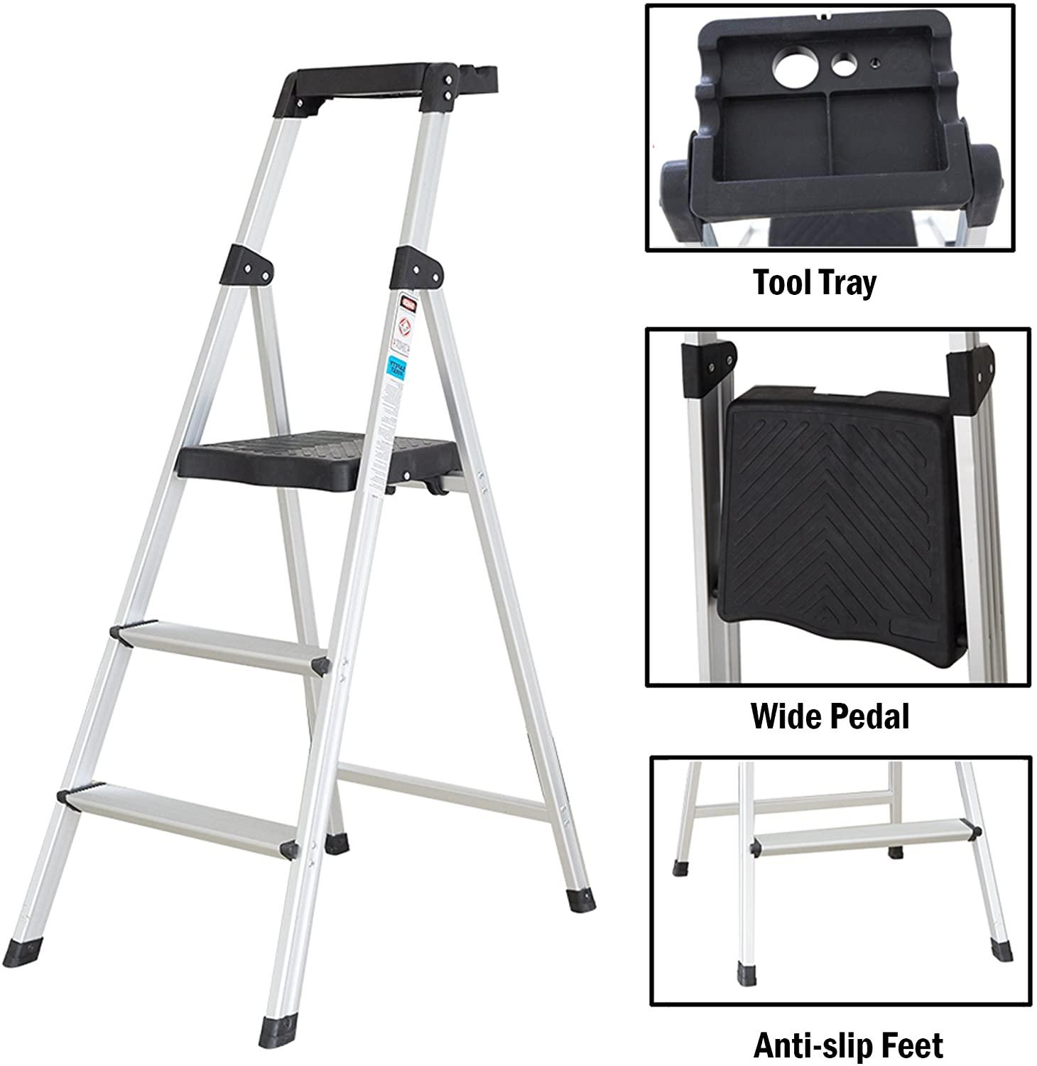 3 Step Folding Step Stool Ladder with Wide Platform Lightweight Aluminum Anti-Slip Step