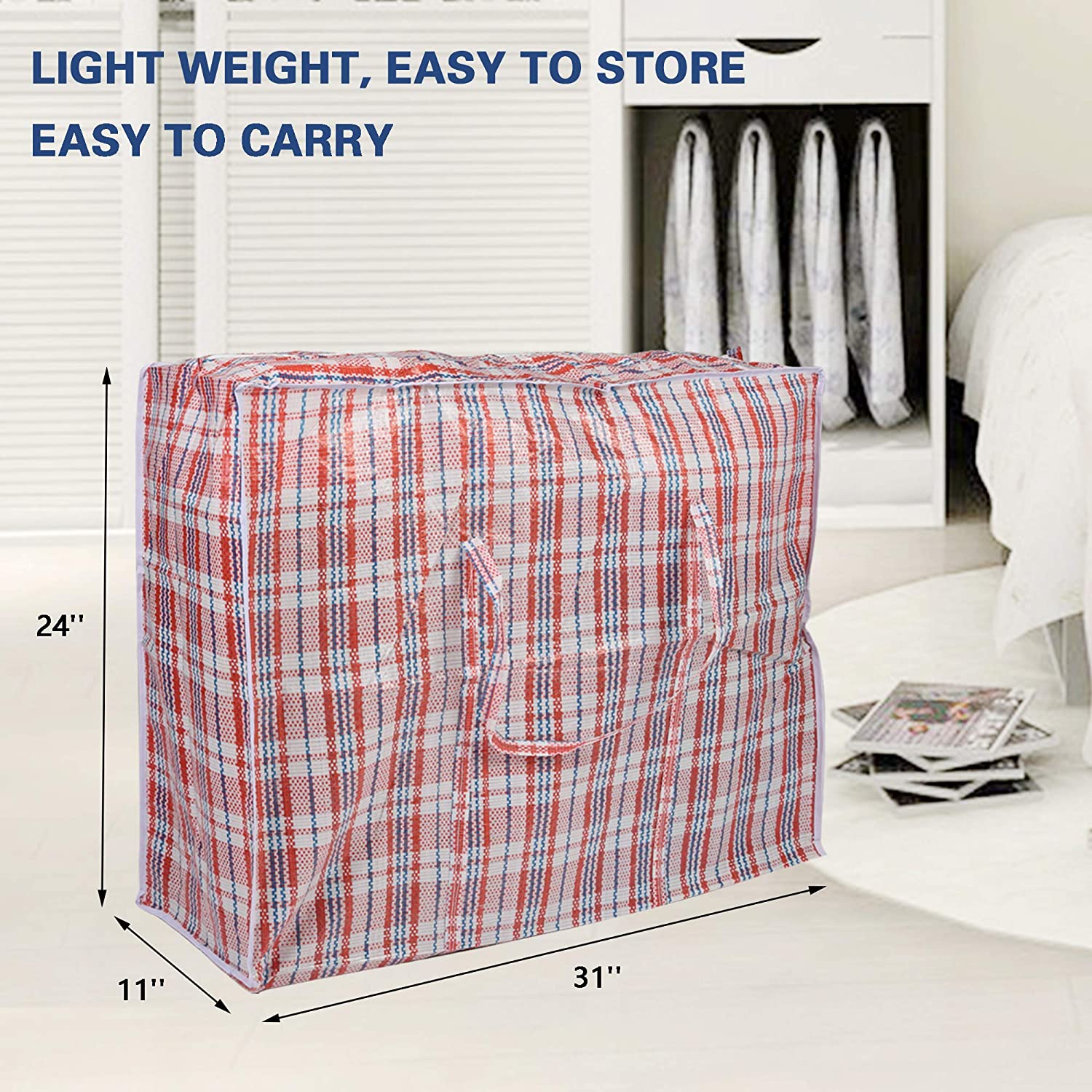 3PC Plastic Woven Storage Bag Moving Tote Clothes Laundry Travel Organizer w/ Zipper & Handles