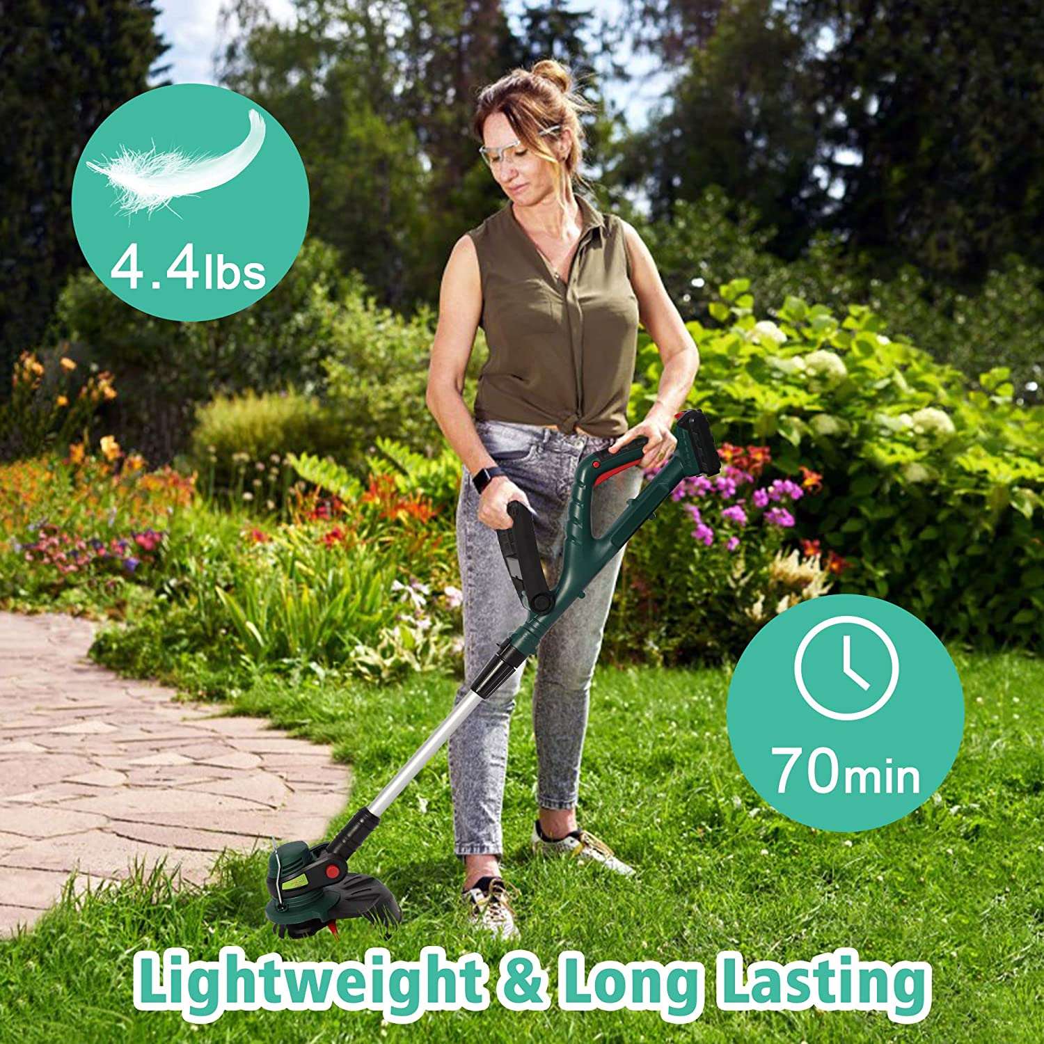 20V Cordless String Trimmer/Edger, 4.4 LBS, 70min Lithium-Ion Brushless Trimmer, yard, w/auto Feed, Extension Pole, Adjustable Head & Handle, 10” Cutting Path, 2.0Ah Battery & Charger Included