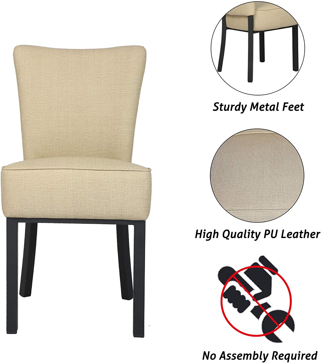 LUCKYERMORE Set of 2 Modern Dining Chairs PU Leather Side Chairs with Soft Cushion, Beige