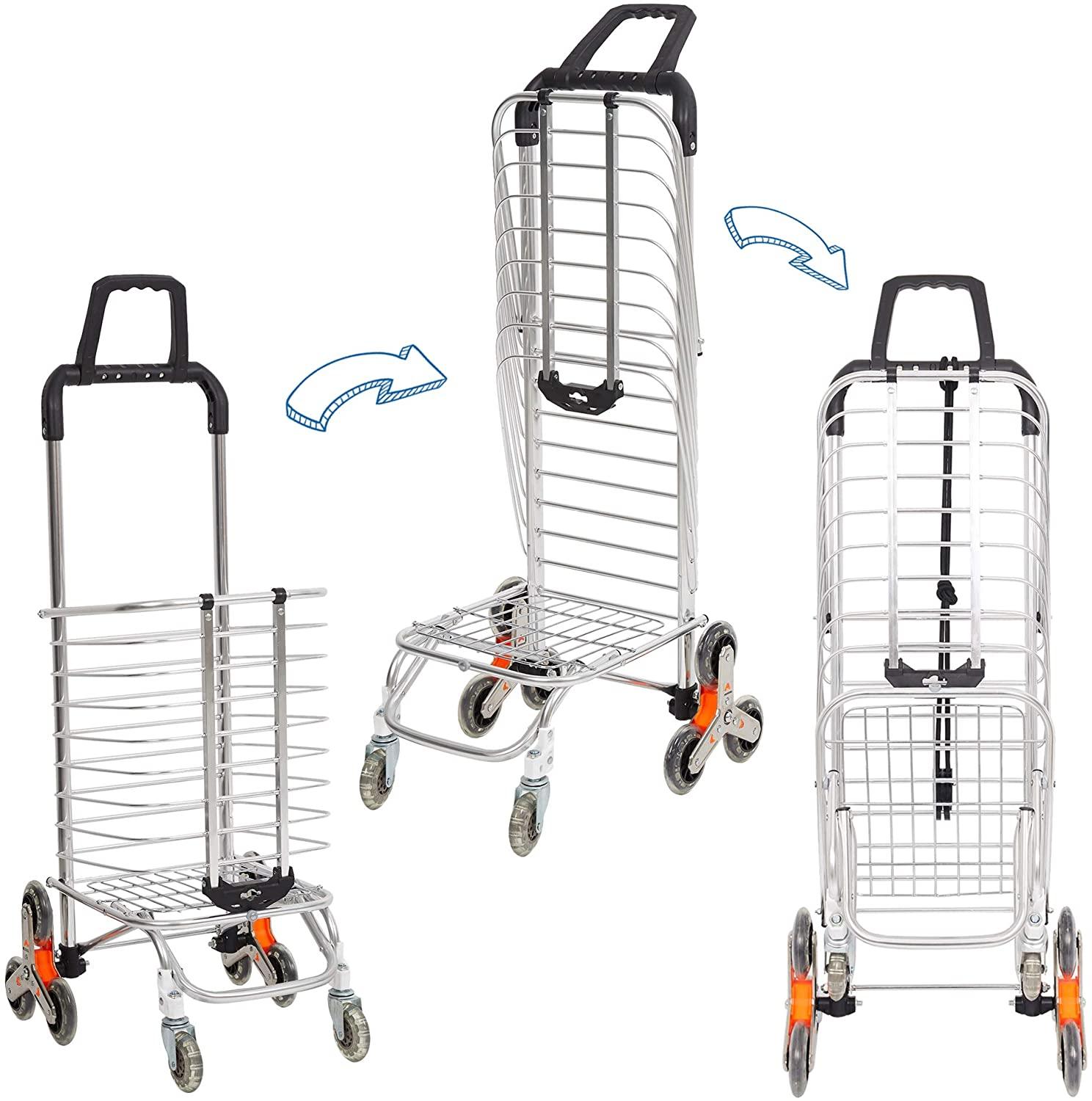 2 in 1 Folding Stair Climbing Shopping Cart Collapsible Portable Grocery Utility Dolly Hand Cart with Rolling Wheels - Luckyermore