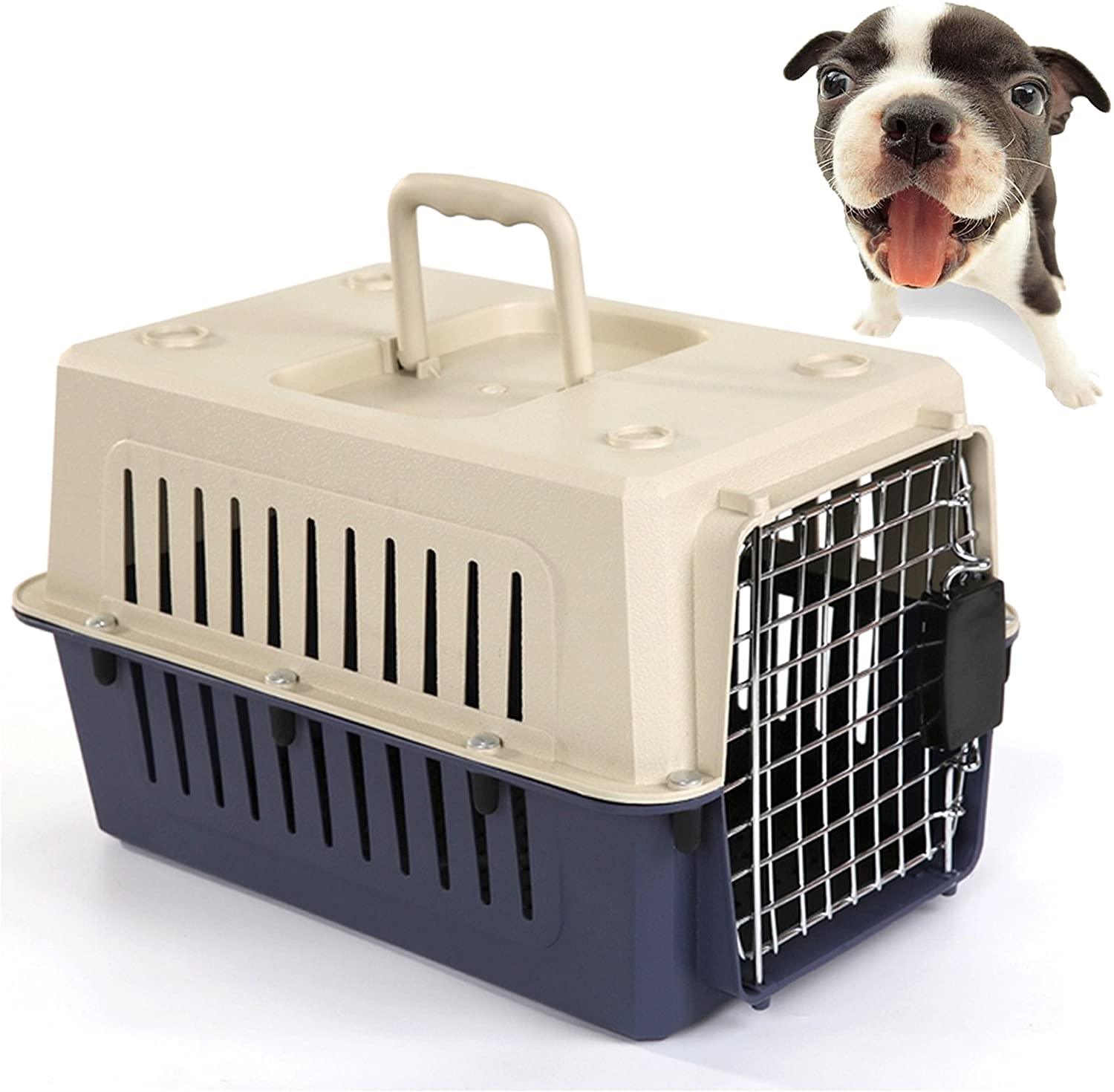 Medium Plastic Cat & Dog Carrier Cage Portable Pet Box Airline Approved Outdoor Kennel Car Travel Box, Blue - Luckyermore