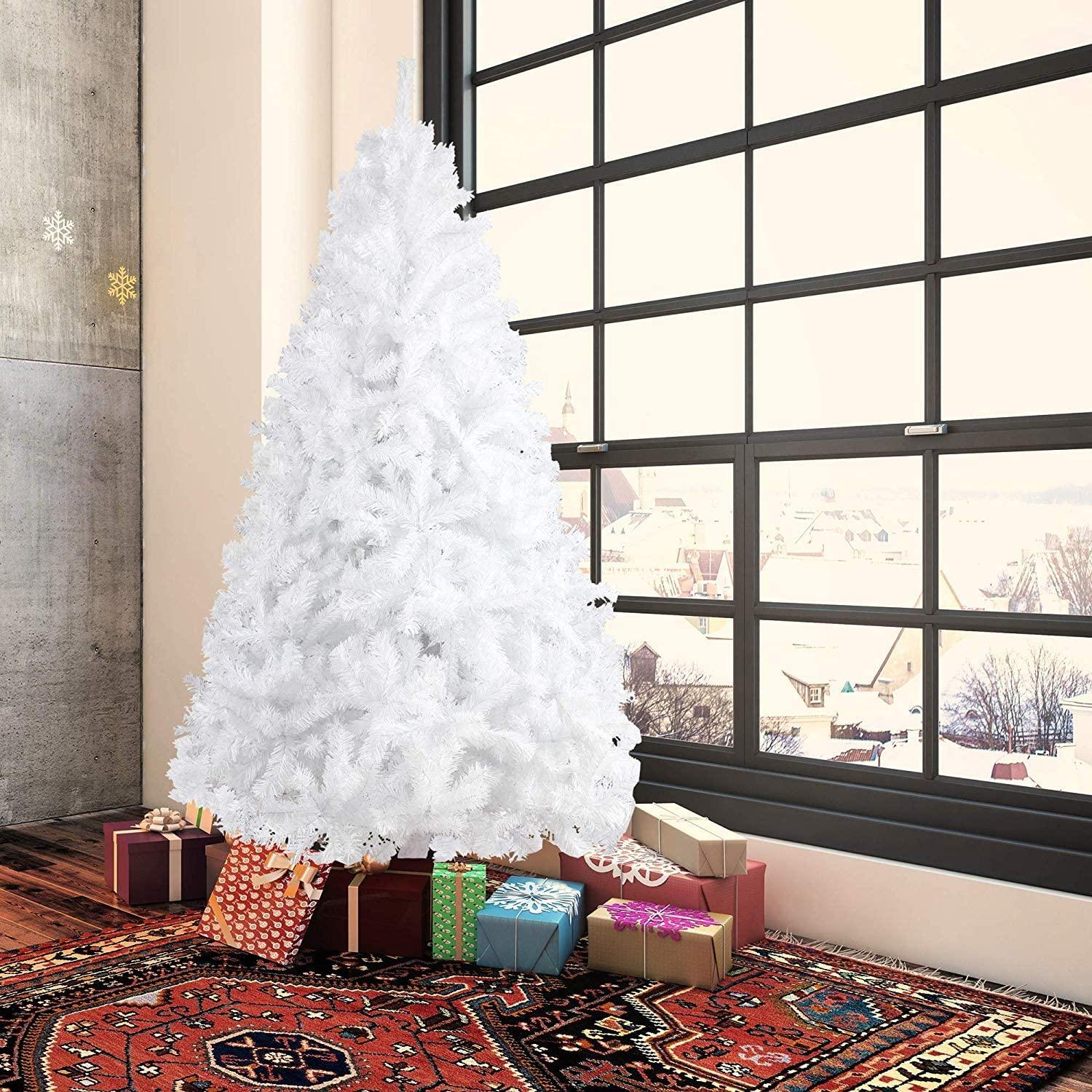 7ft Christmas Tree Artificial Pine Tree with 1000 Branch Tips and Decoration, White - Luckyermore