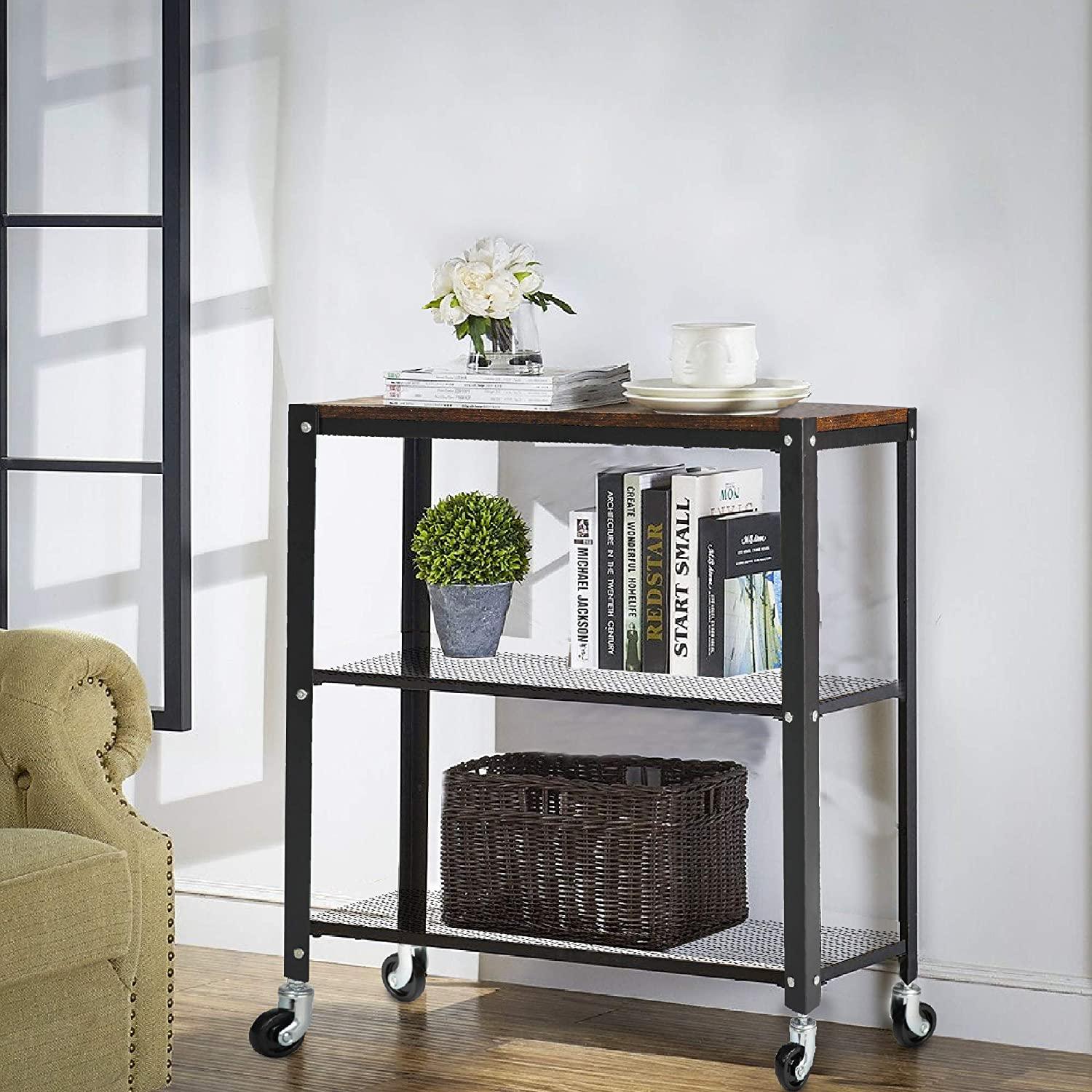 Modern Style Storage Rack with Wheels 3 Tiers Storage Shelf ,30” x 20.5” x 5.5”,Black/Brown